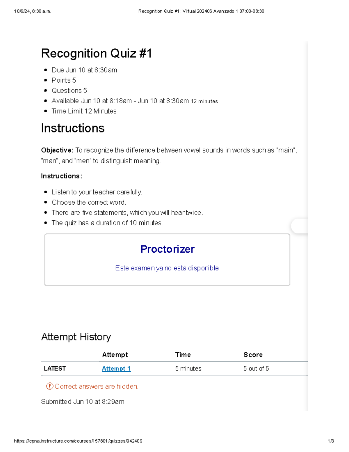 Recognition Quiz #1 Virtual 202406 Avanzado 1 07 00-08 30 - Recognition ...