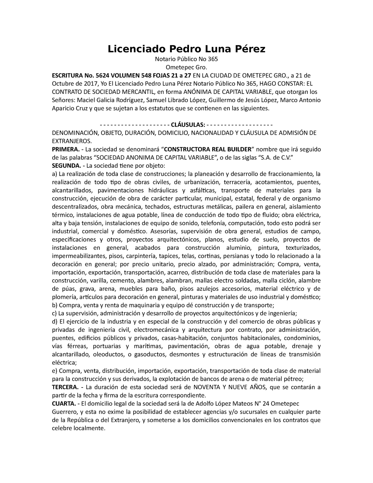 Acta Constitutiva De Una Empresa Mexico