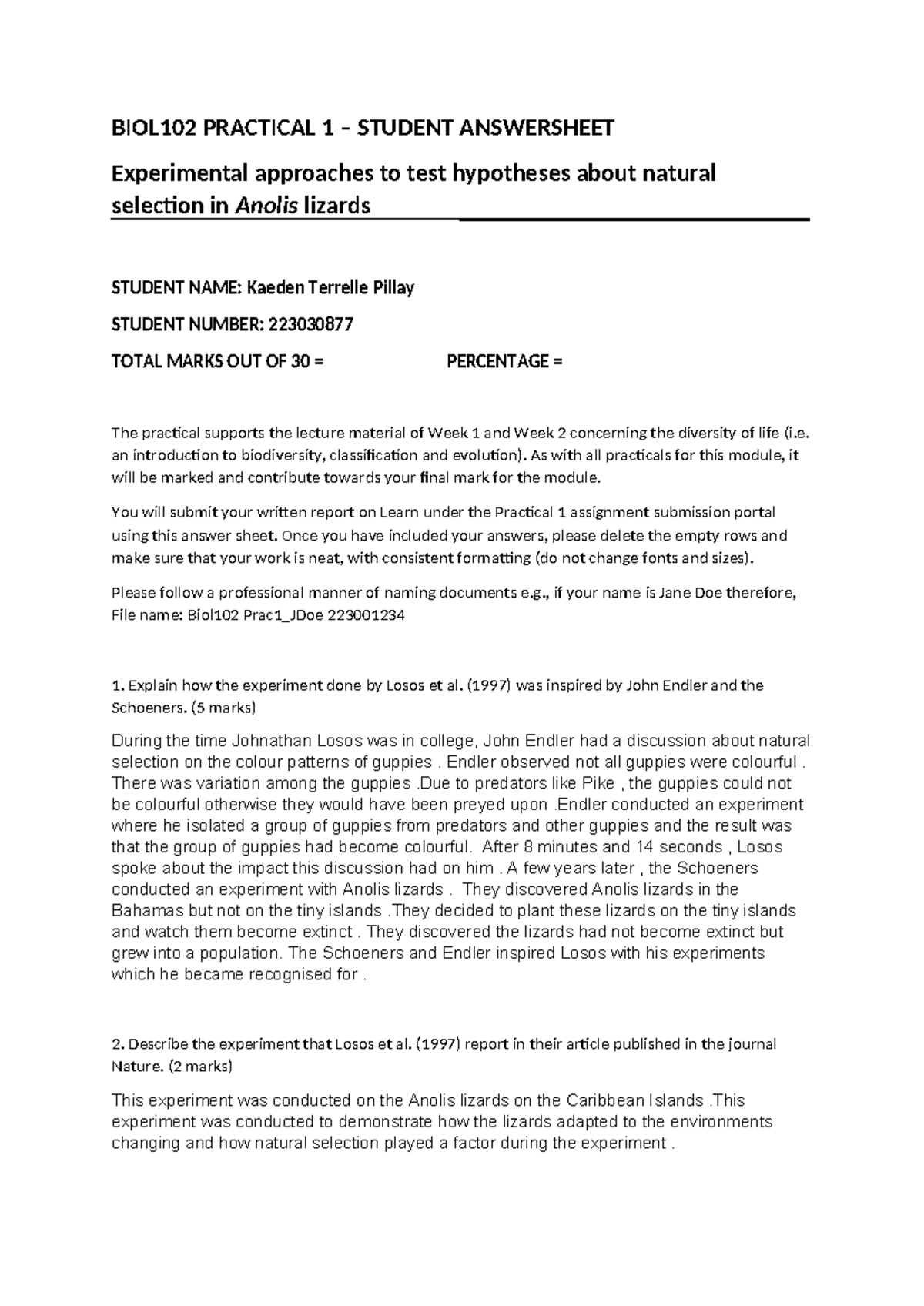 BIOL102 Practical 1 - BIOL102 PRACTICAL 1 – STUDENT ANSWERSHEET ...