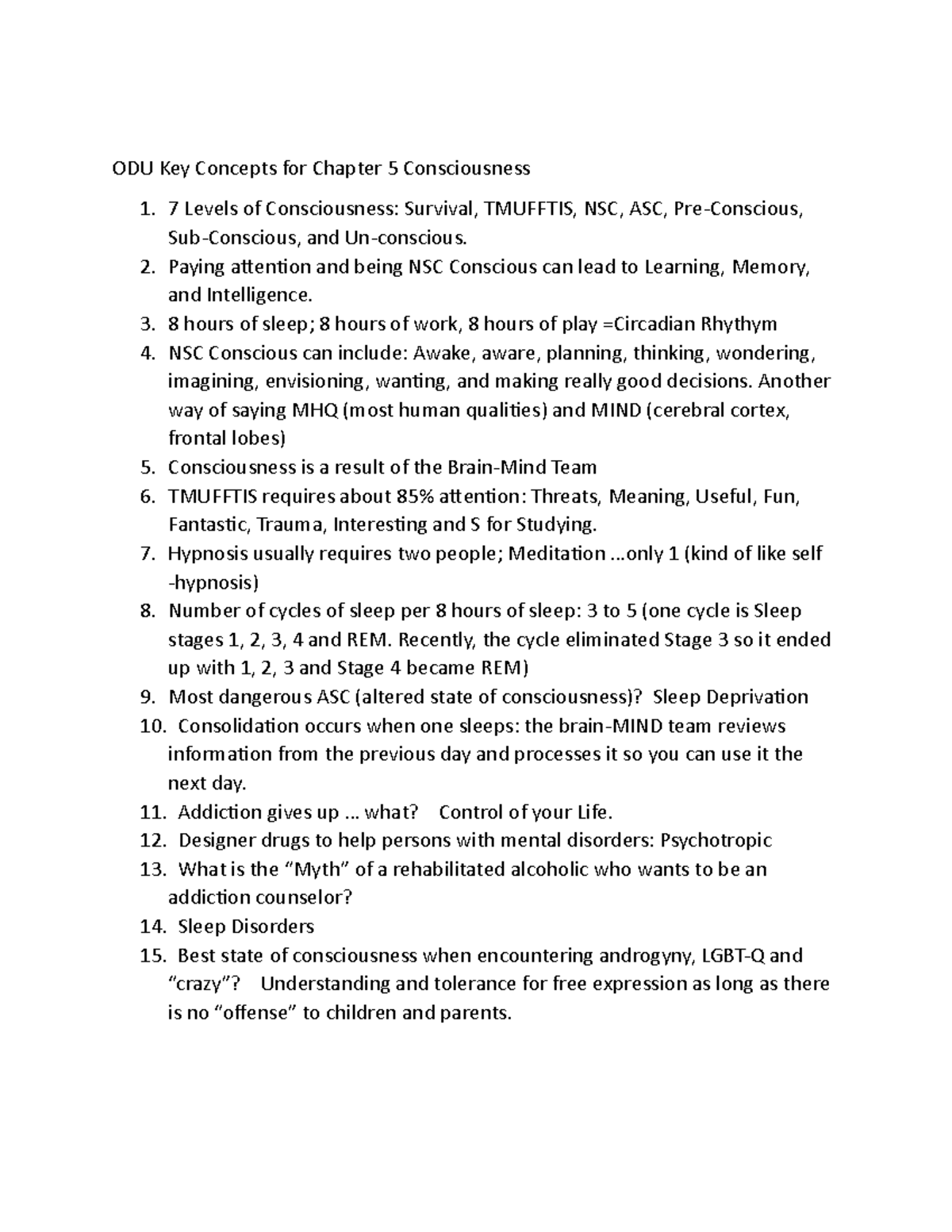 ODU Key Concepts for Chapter 5 Consciousness Paying attention and