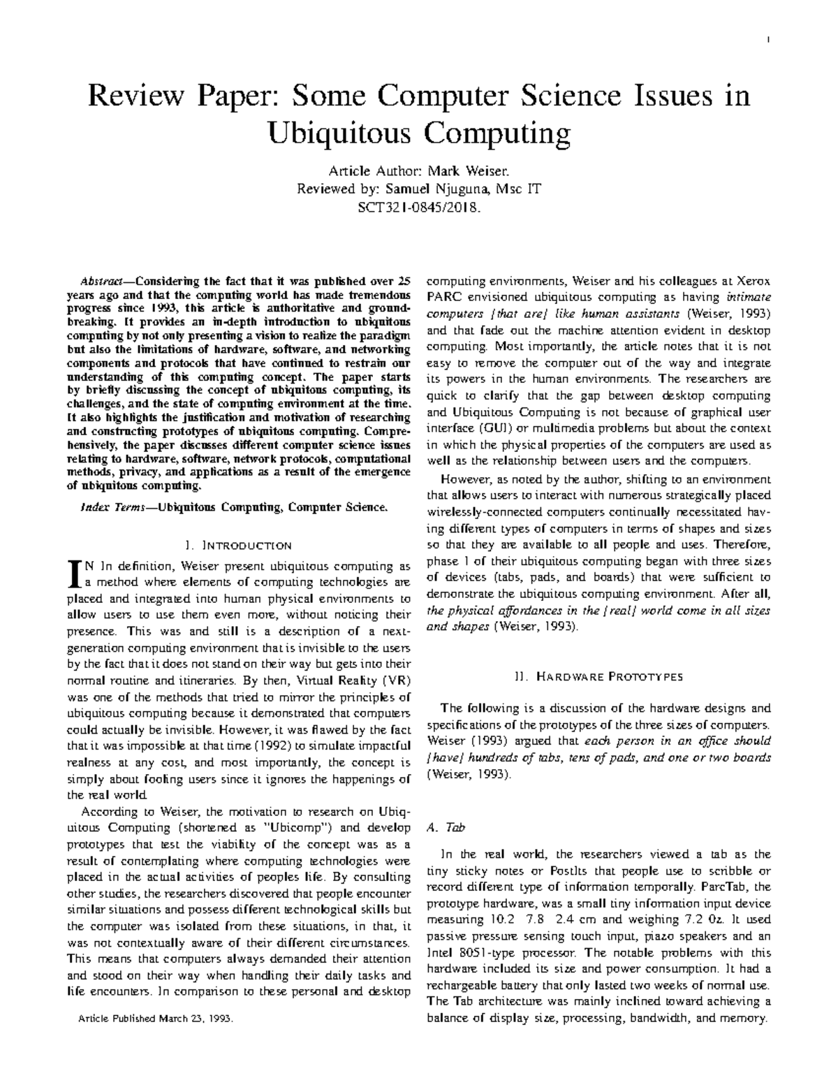Ubiquitous Computing - Grade: A- 1 Review Paper: Some Computer Science ...