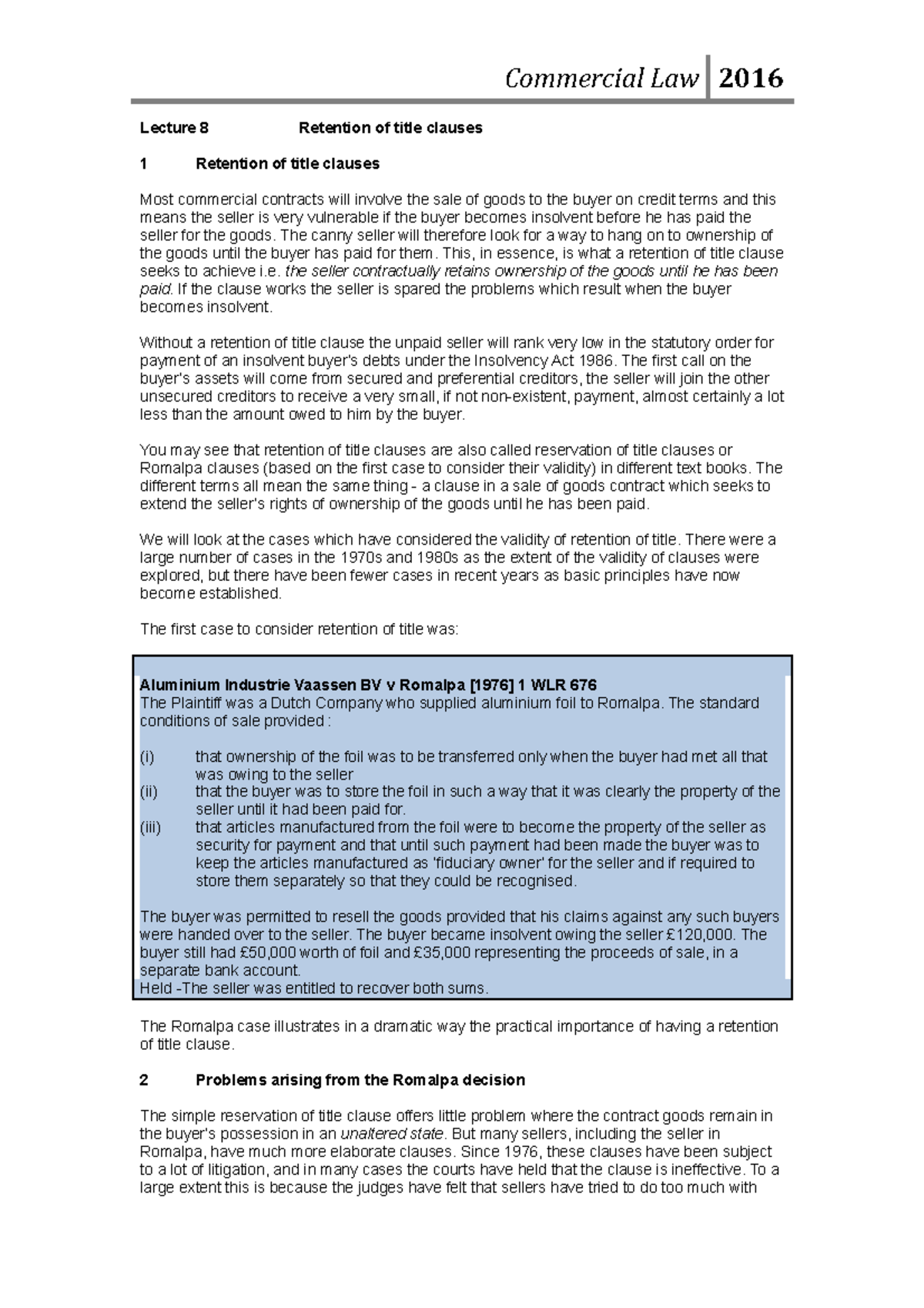 Retention of title clauses Lecture notes 6 Lecture 8 Retention of