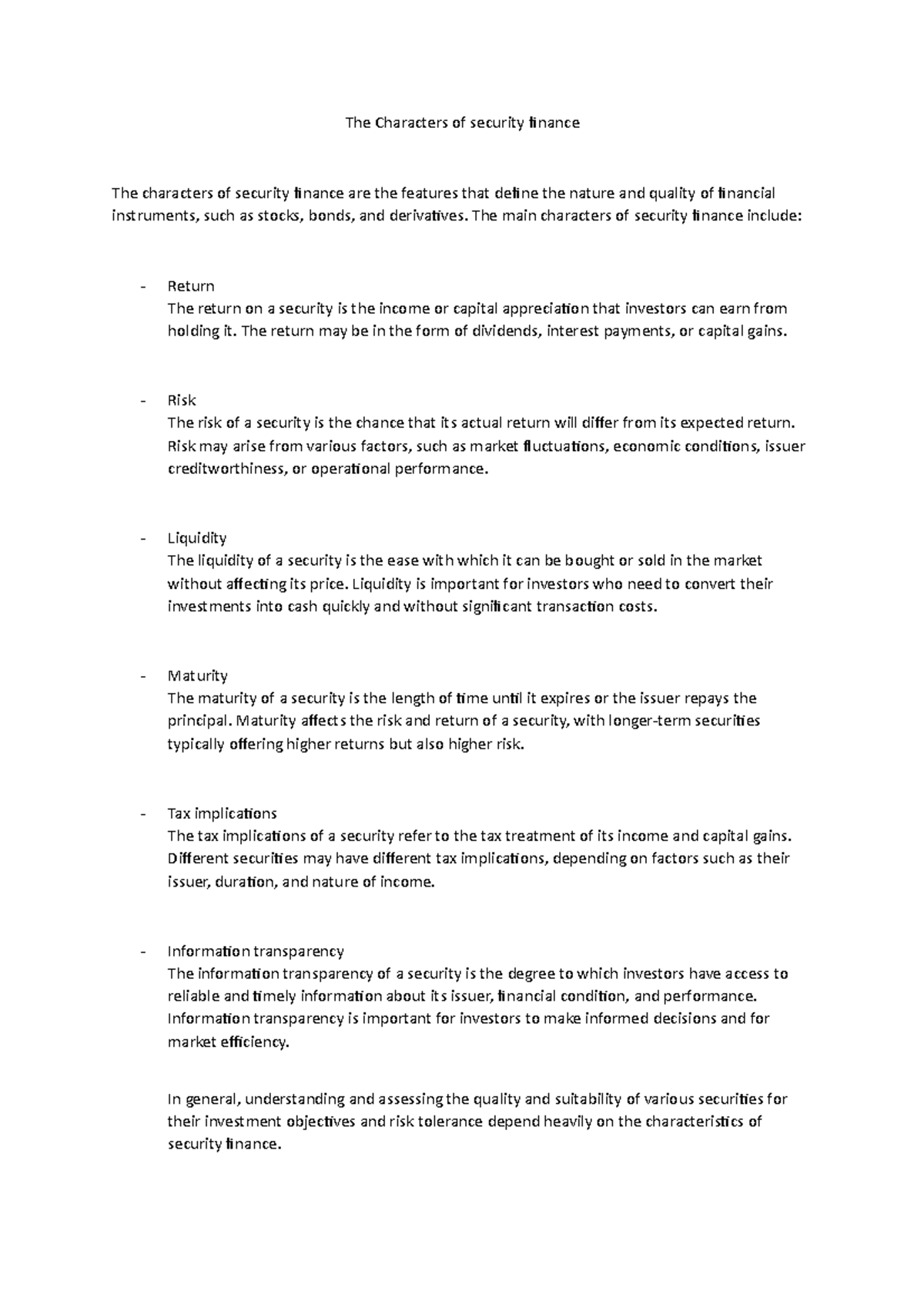 The Characters of security finance The main characters of security