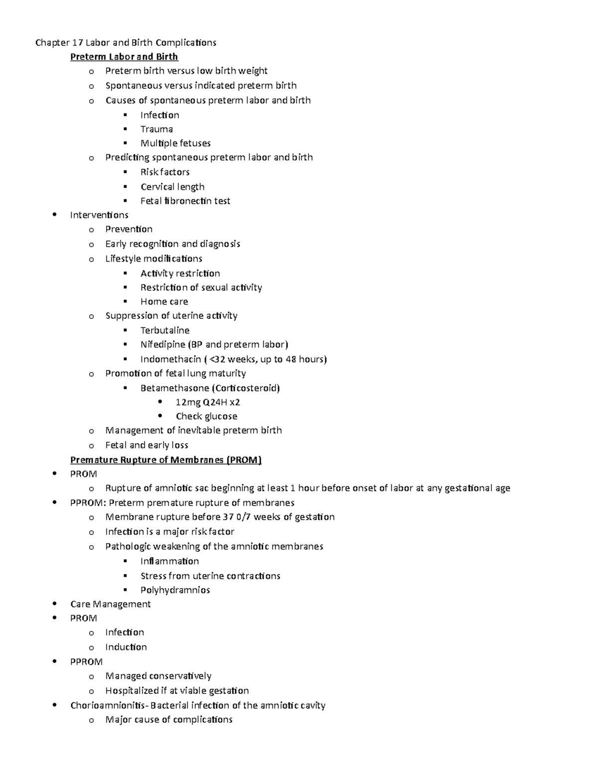 NURS 202 ch 17 outline - Chapter 17 Labor and Birth Complications ...