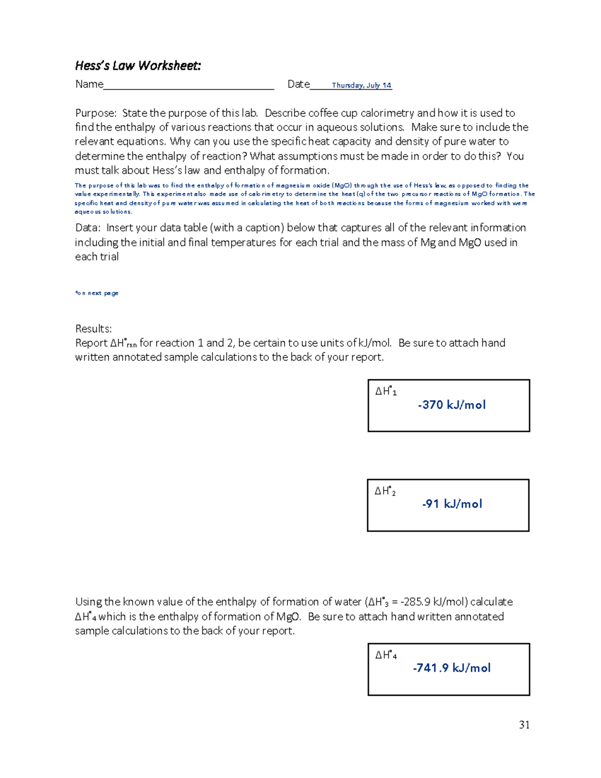 Hess's Law Worksheet - Hess9s Law Worksheet: Name ...