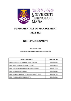 MGT 162 Group Assignment - MGT162: Fundamentals Of Management Study ...