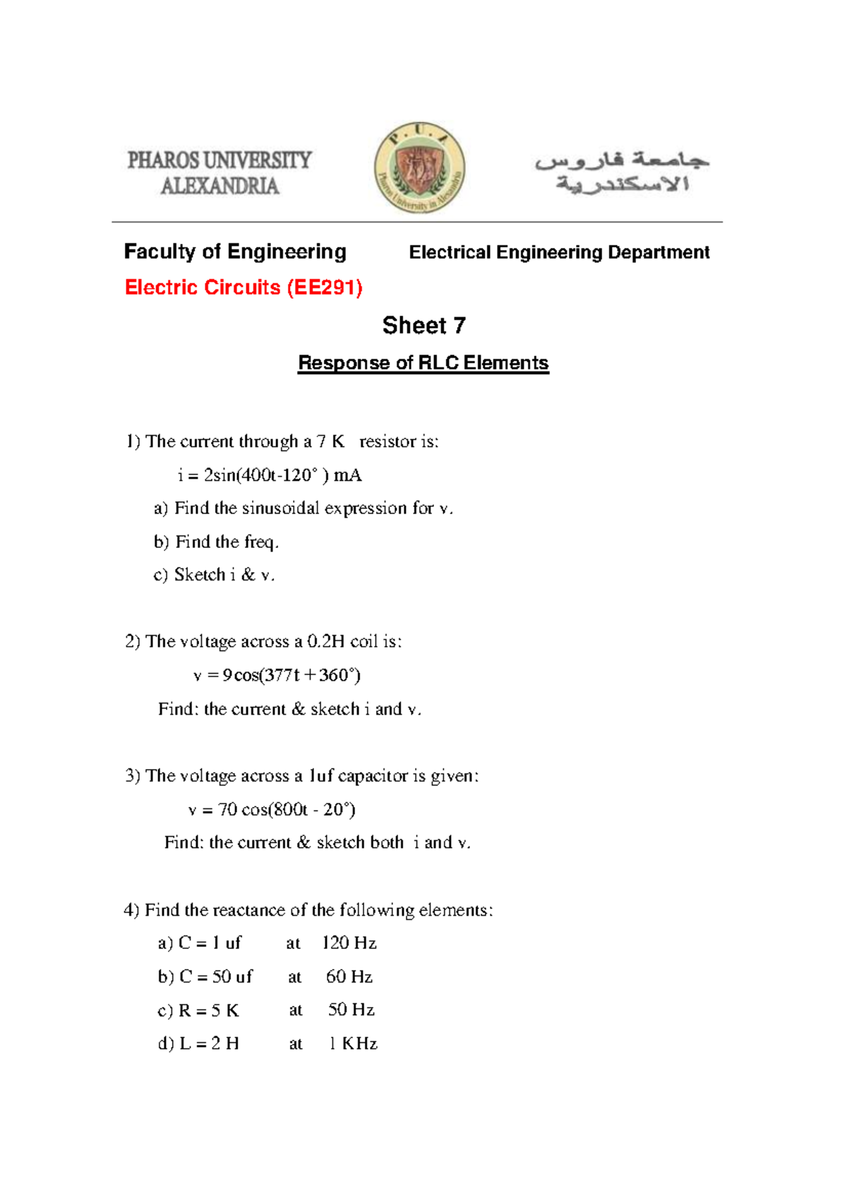 EE291 Sheet 7 - Faculty of Engineering Electrical Engineering ...