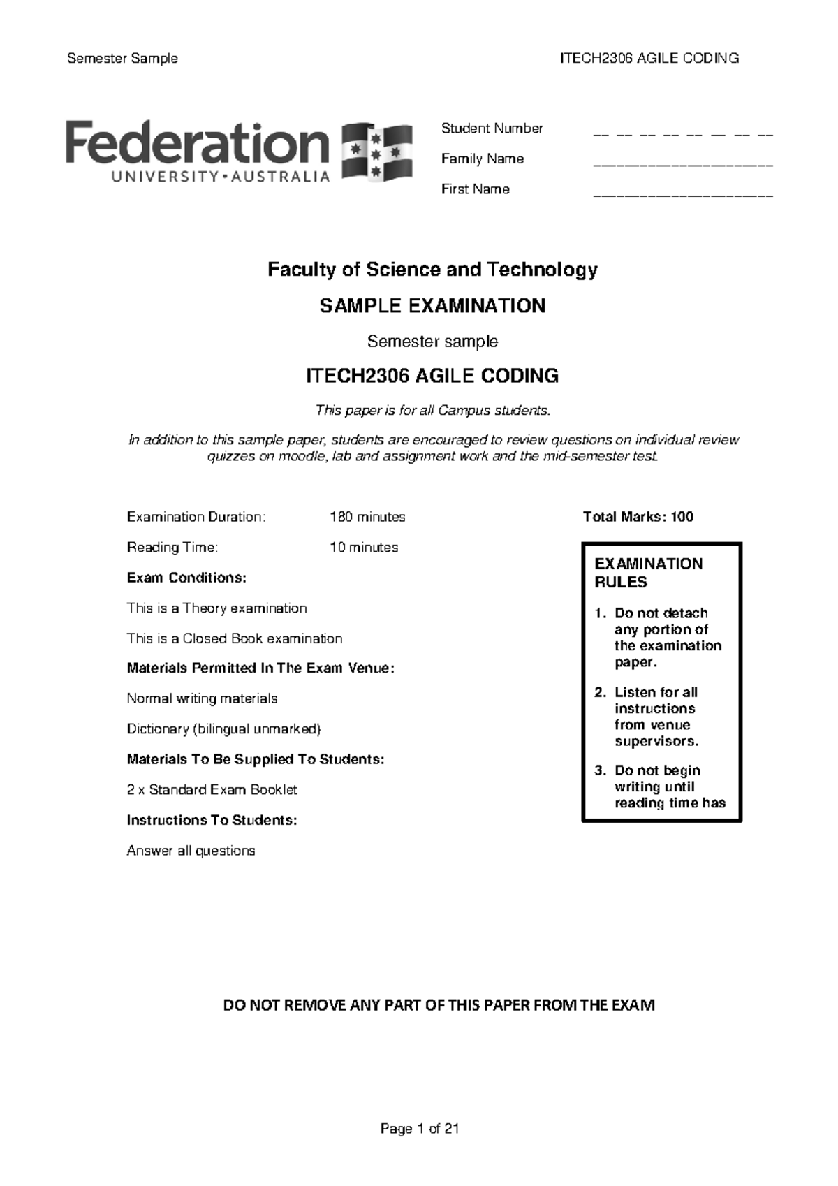Exam 30 May 2019, questions - Semester Sample ITECH2306 AGILE CODING ...