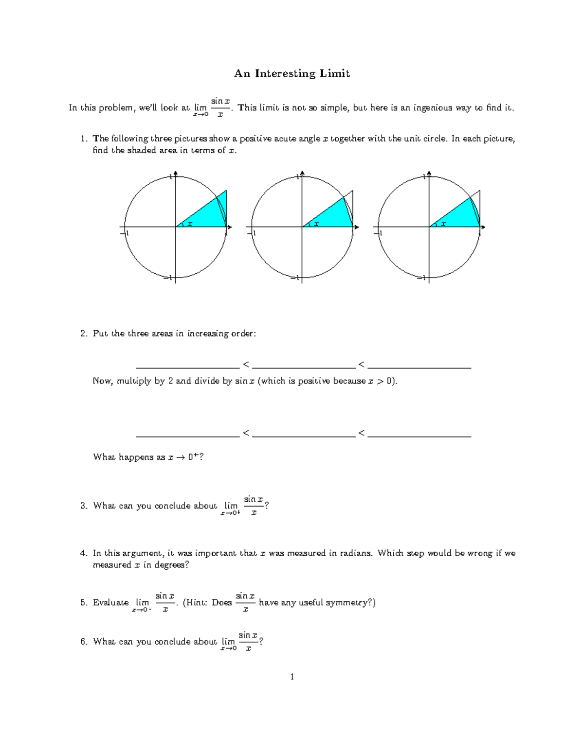 Sine Limit Handout - Math 111 practice - An Interesting Limit In this ...