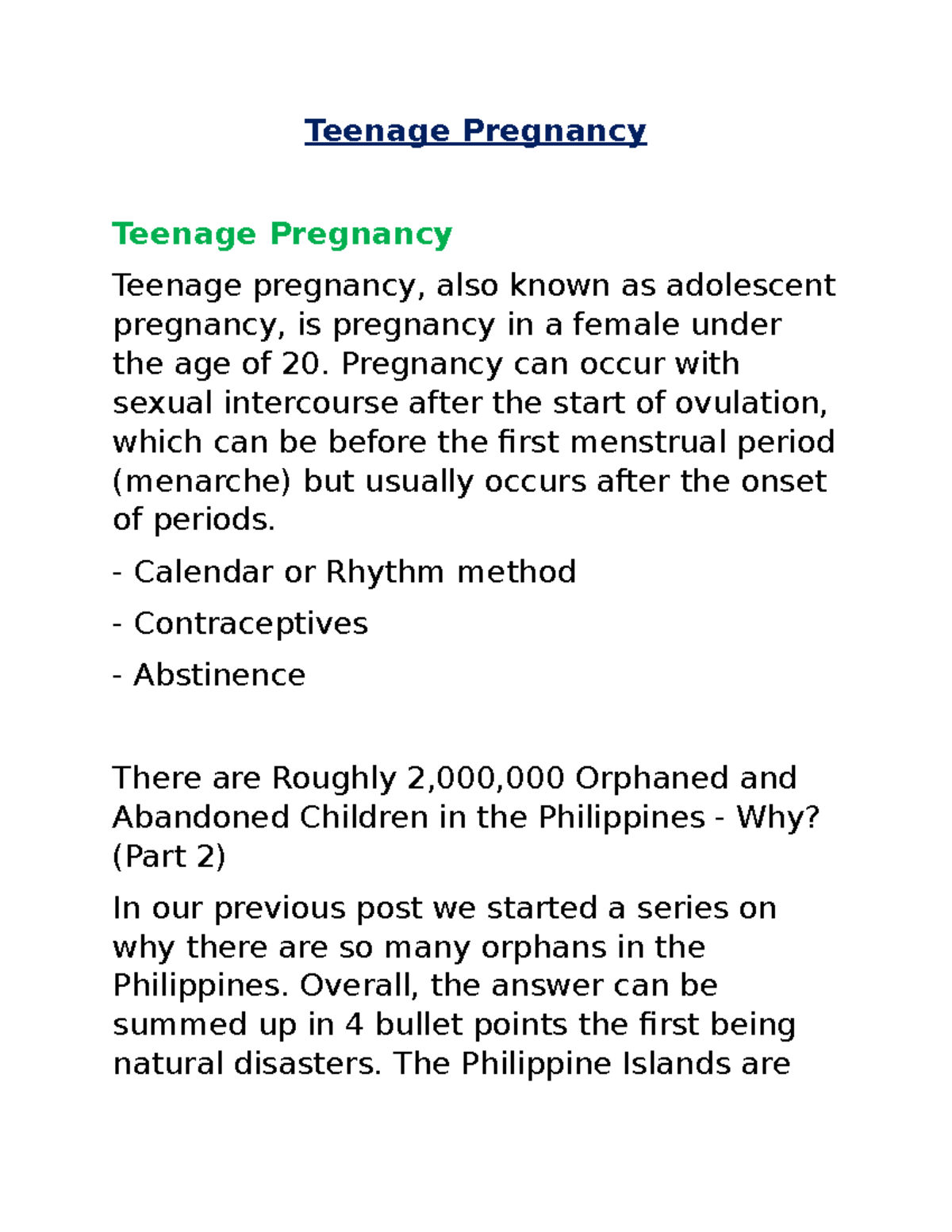 Teenage Pregnancy Issues - NSTP - Teenage Pregnancy Teenage Pregnancy ...