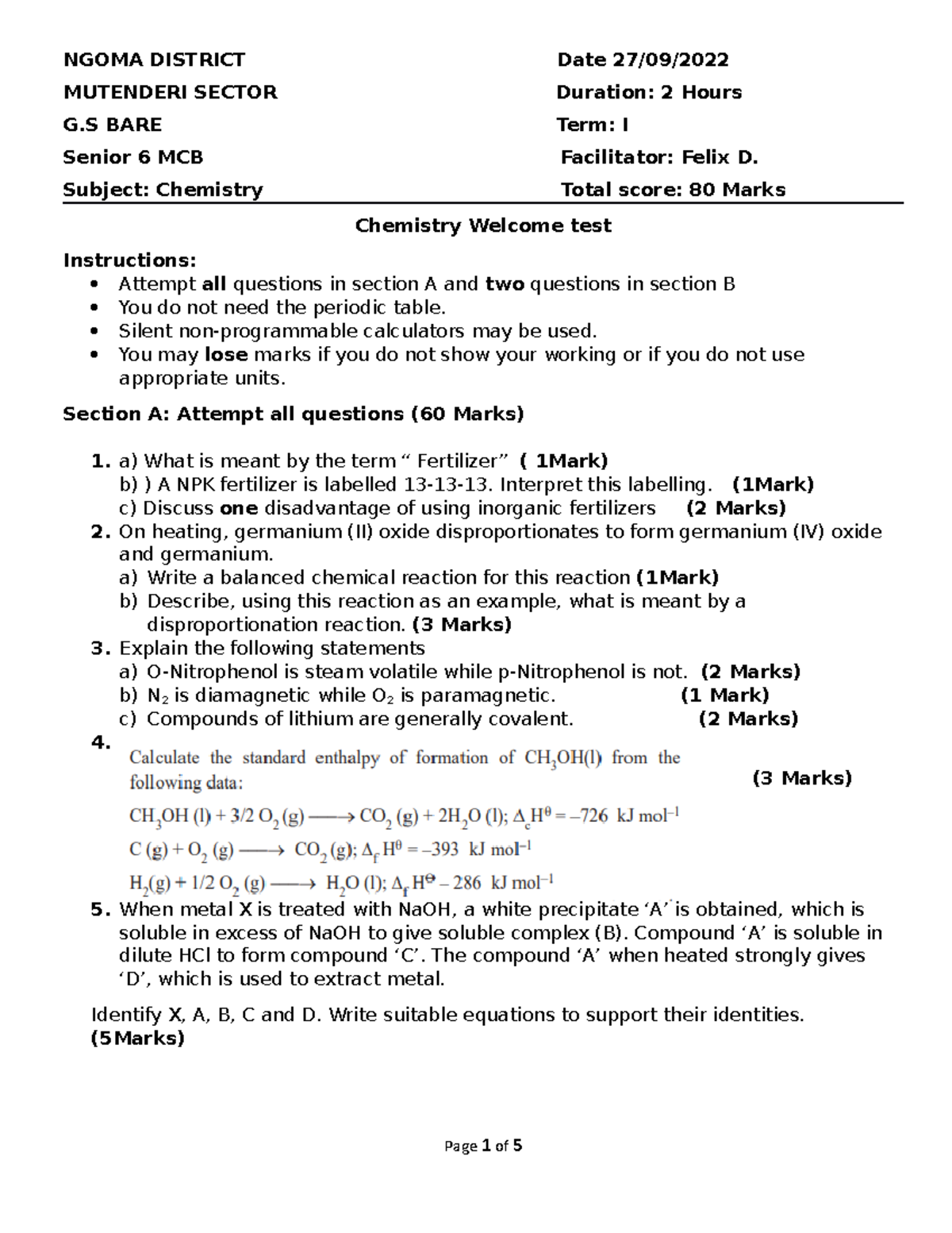 Welcome chem s6 - it will help students - NGOMA DISTRICT Date 27/09 ...