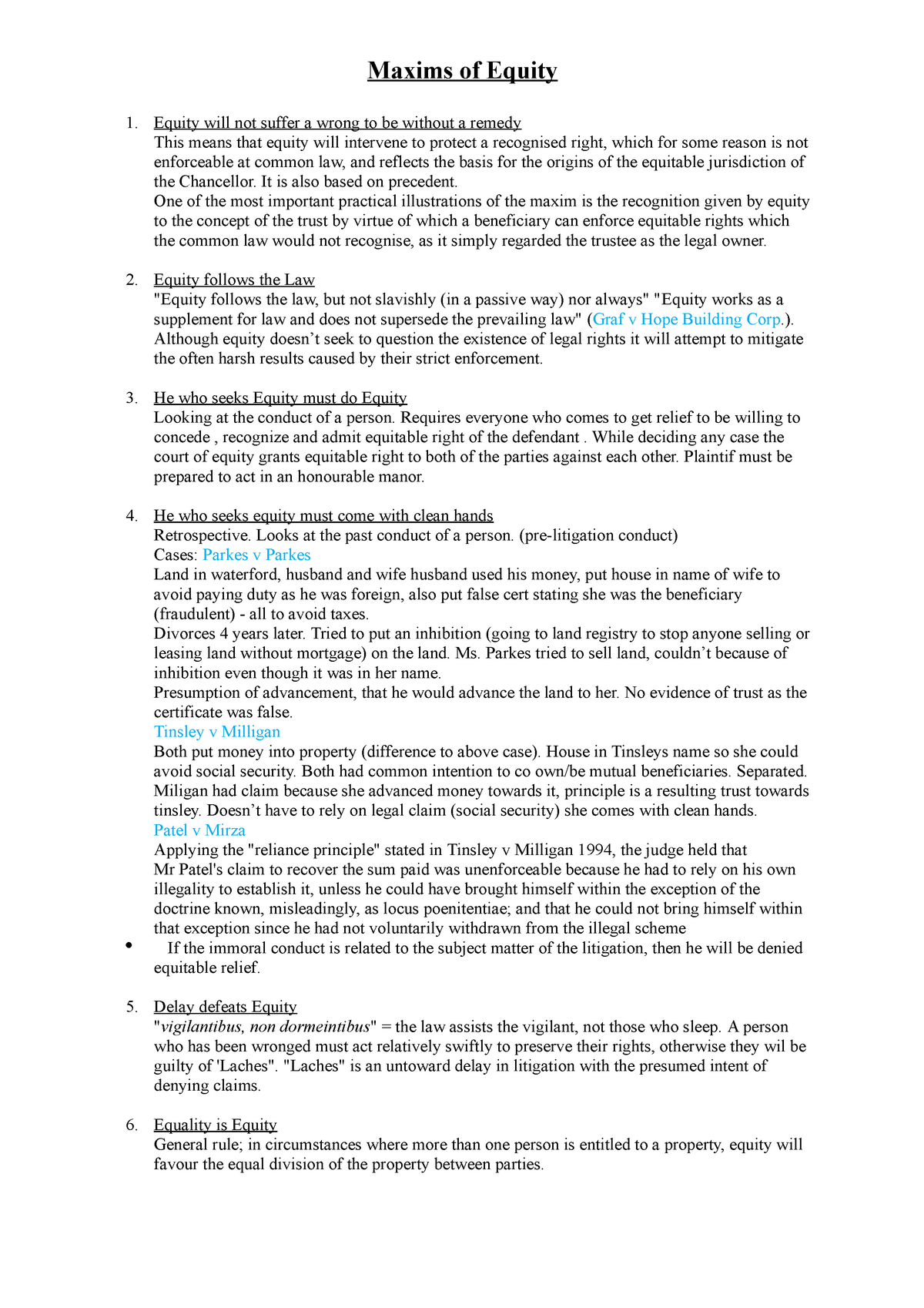 Maxims of equity - Lecture notes 1 - Maxims of Equity Equity will not ...