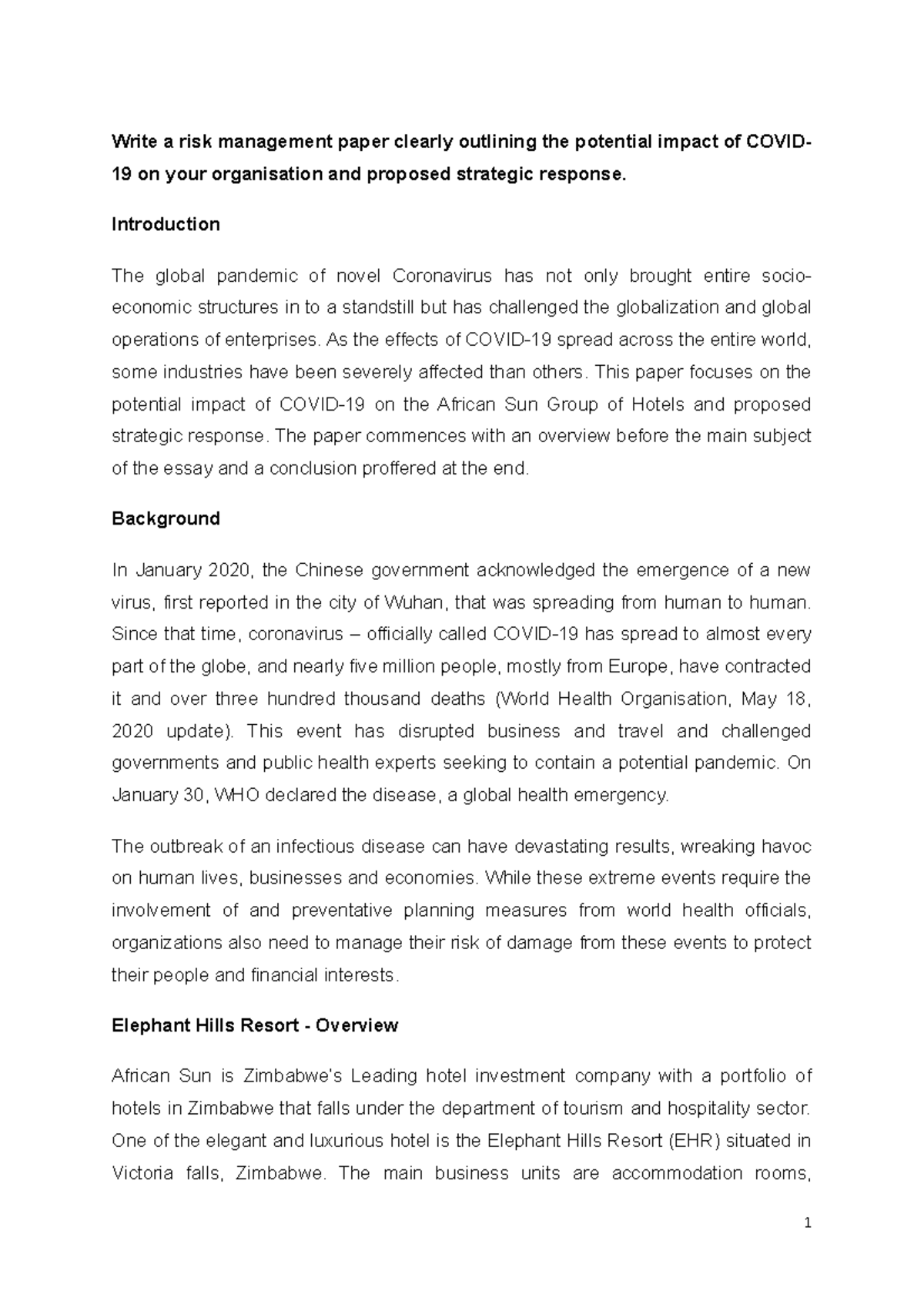 Risk management paper on Covid - Write a risk management paper clearly ...
