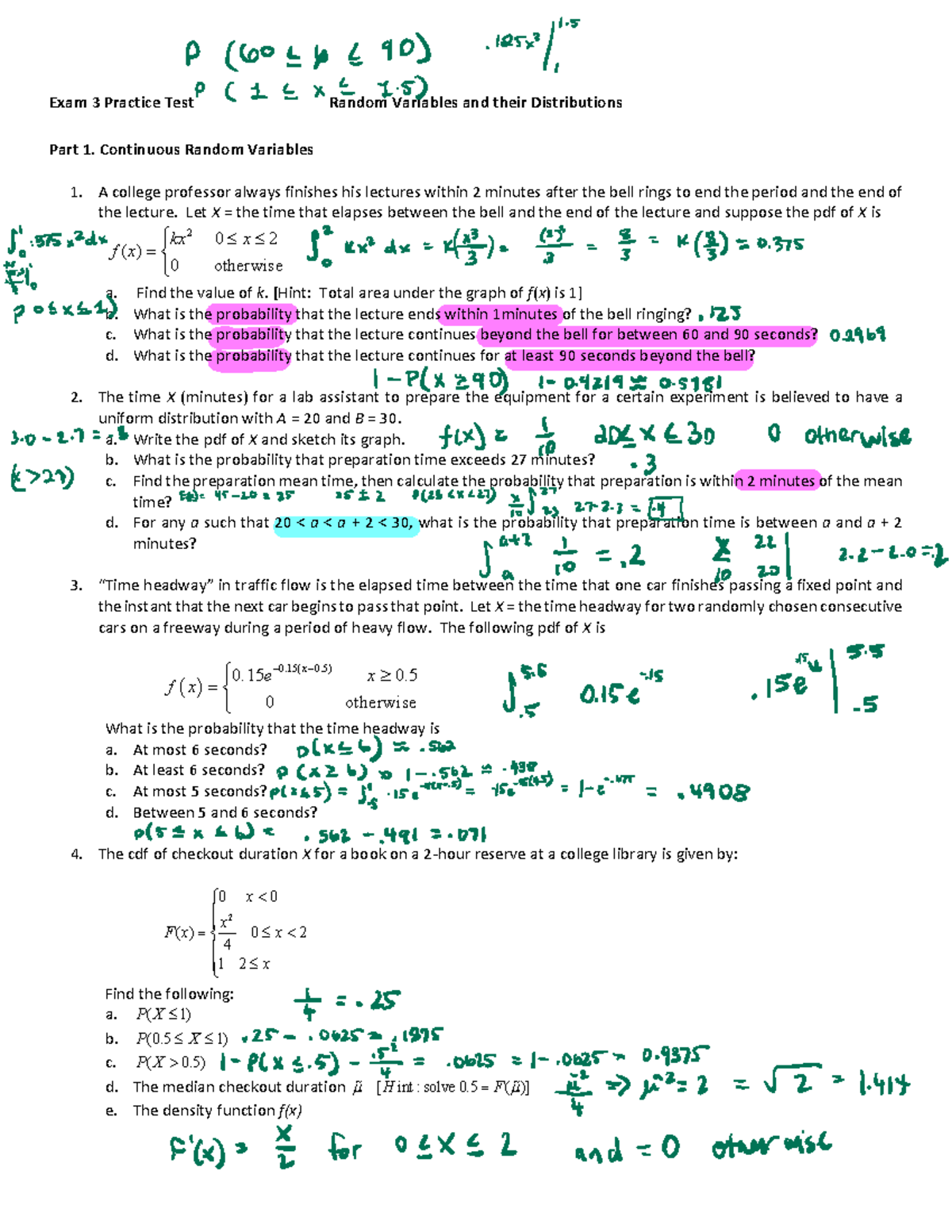 Stats Exam 3 Practice - Exam 3 Practice Test Random Variables and their ...