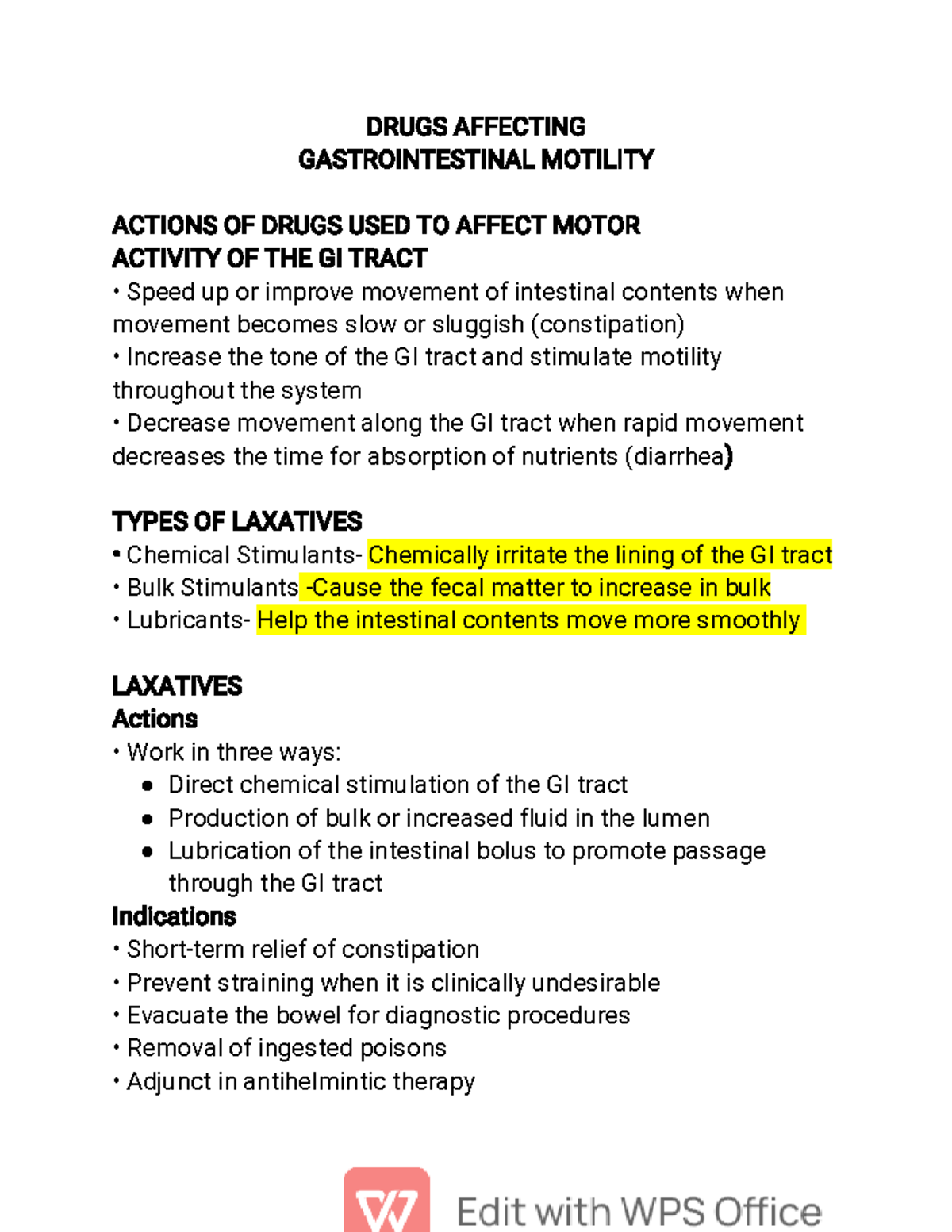 Gastrointestinal Motility DRUGS AFFECTING GASTROINTESTINAL MOTILITY