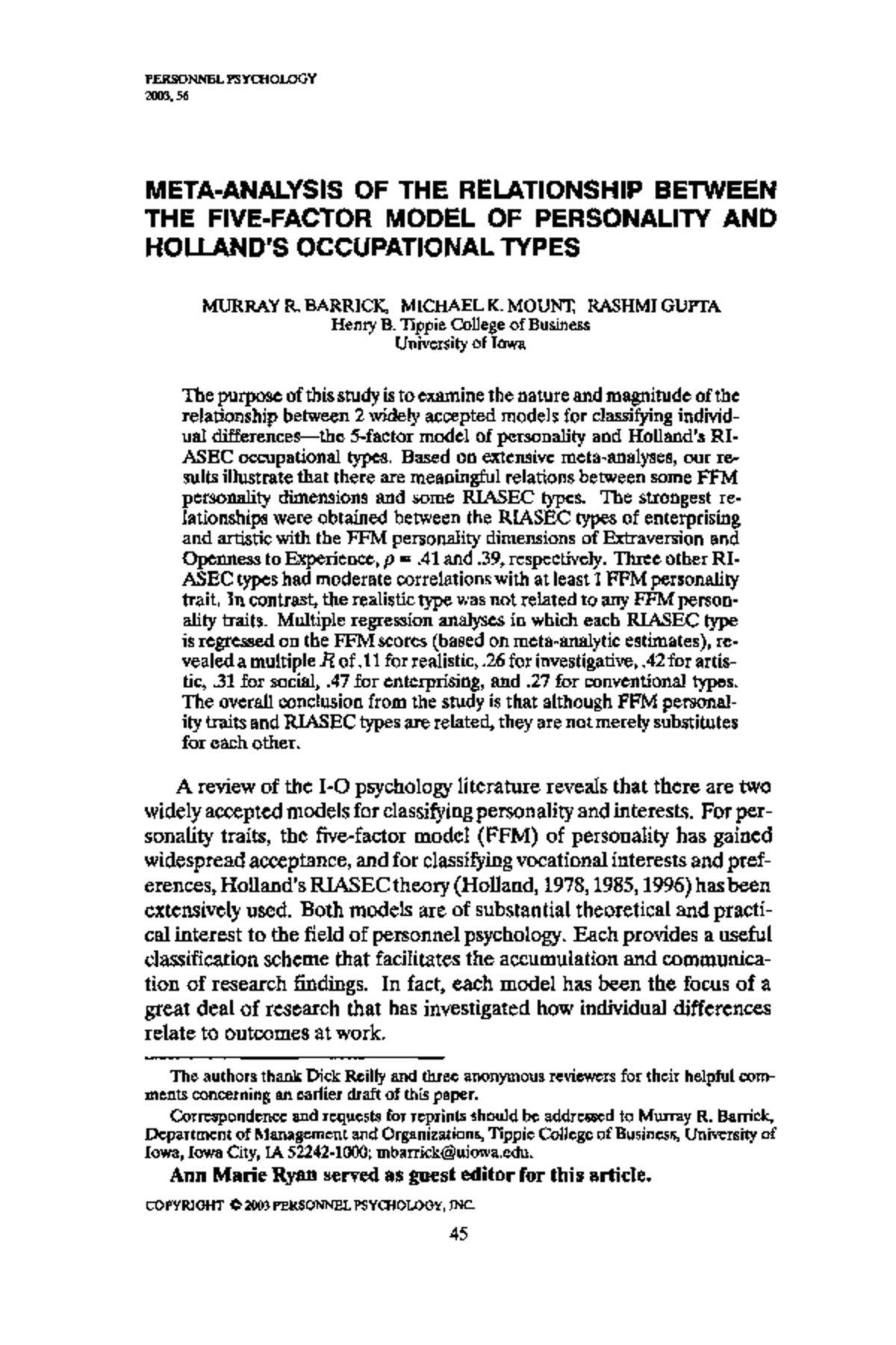 Personality Meta Analysis - PERSONNELPSYCHOLOGY 2003. META-ANALYSIS OF ...