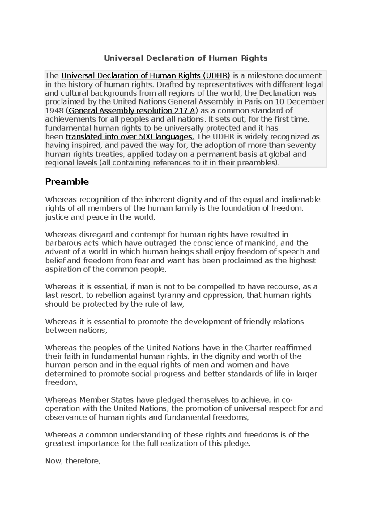 Bill Of Fundamental Human Rights Universal Declaration Of Human
