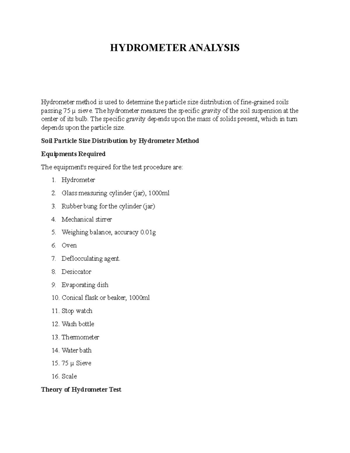 Hydrometer Analysis - HYDROMETER ANALYSIS Hydrometer method is used to ...