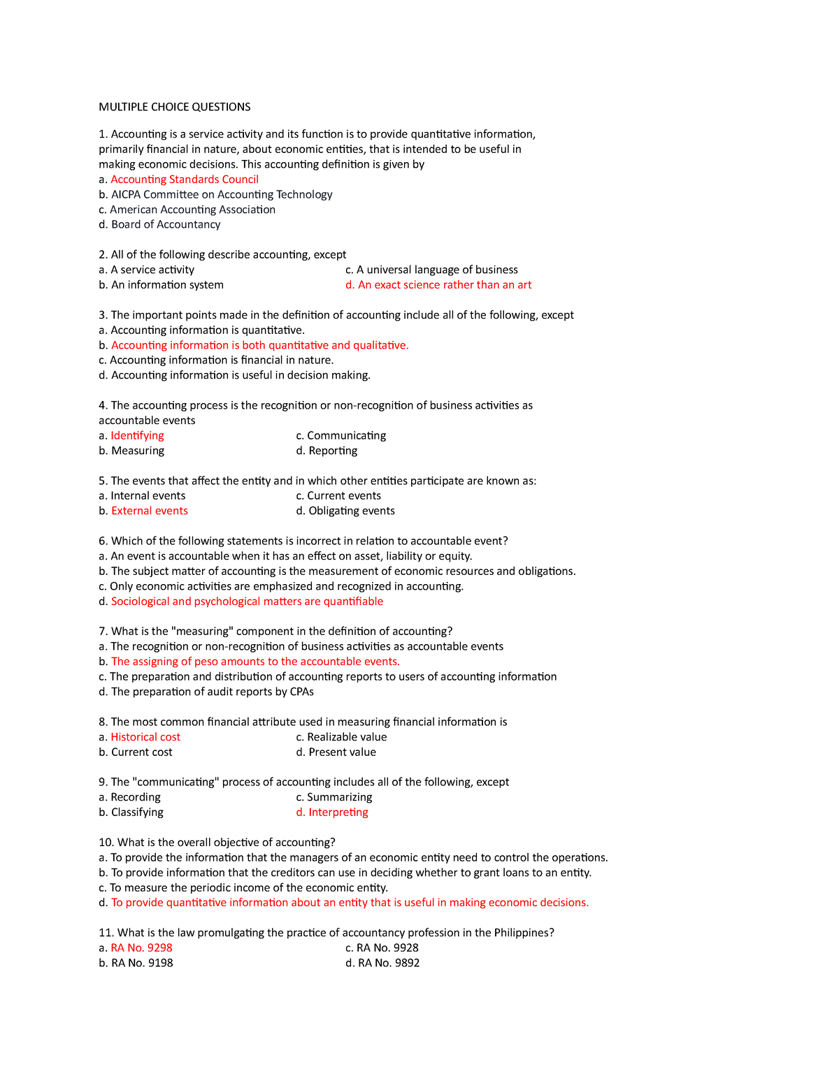 CFAS QUIZ - Lecture Notes 1 - MULTIPLE CHOICE QUESTIONS Accounting Is A ...