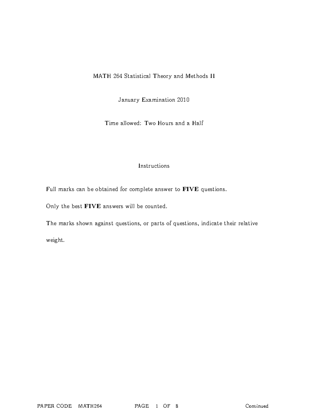 Exam January 2010, questions - MATH 264 Statistical Theory and Methods ...