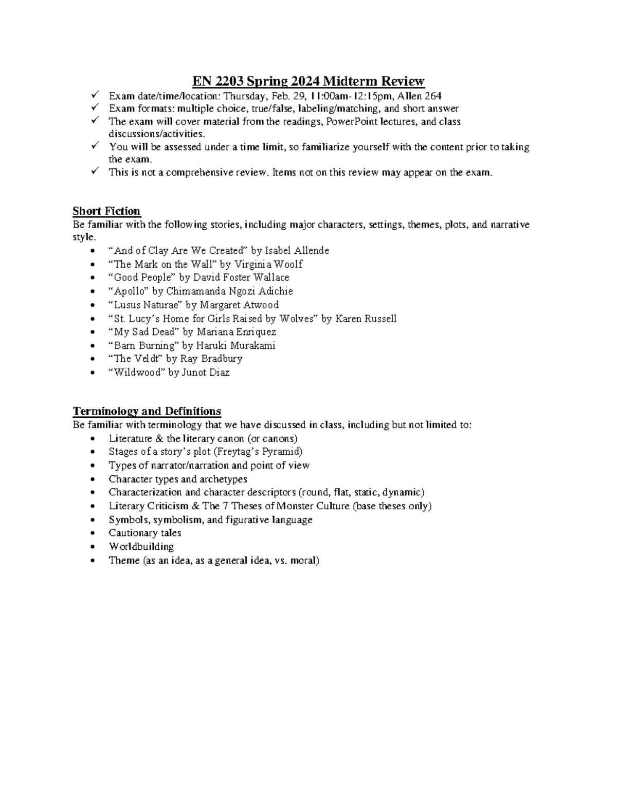 EN2203 Midterm Review S24 - EN 2203 Spring 2024 Midterm Review Exam ...