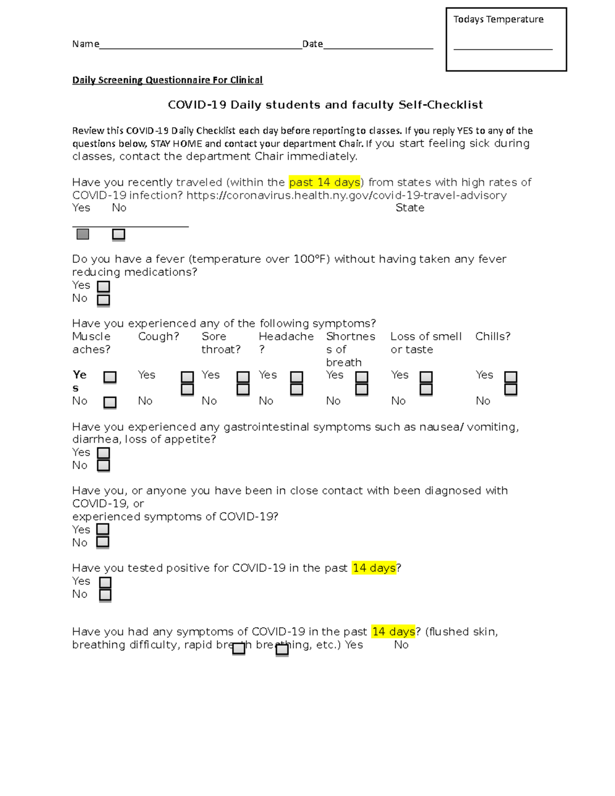 Daily Screening Questionnaire for clinical revise-Fall2021 - - Studocu