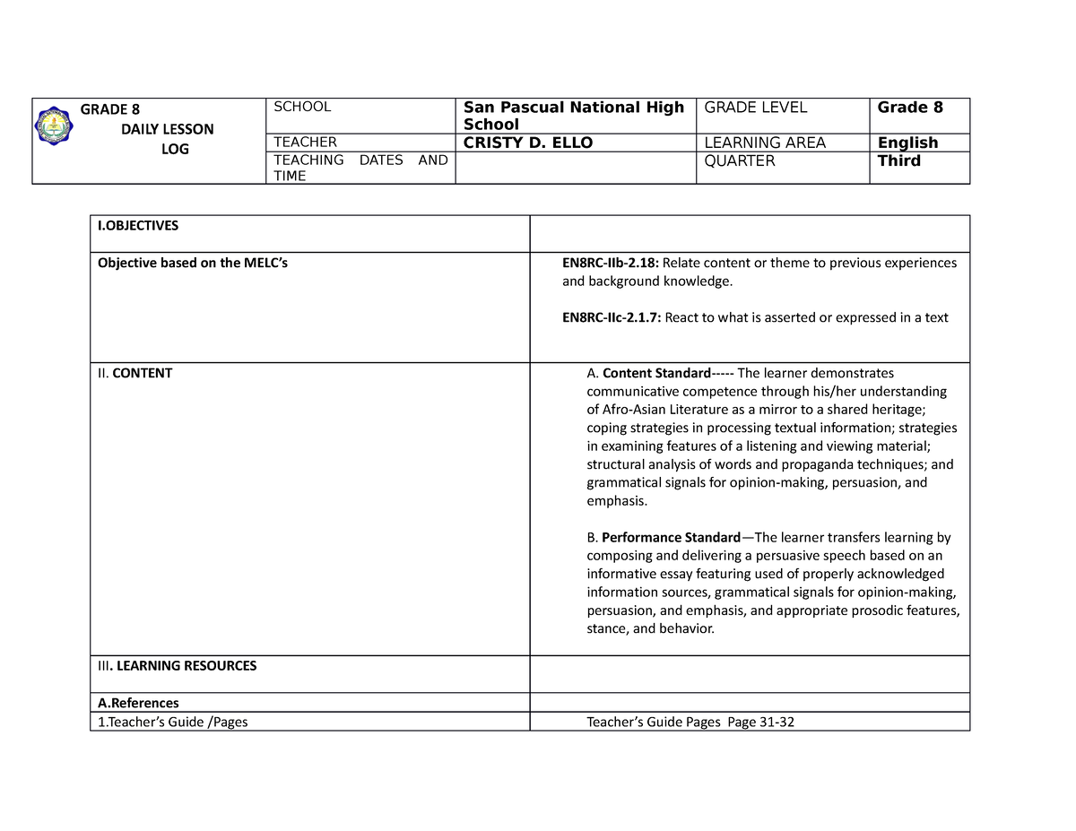 Dll cot#5 - DAILY LESSON LOG ENGLISH 8 - Bachelor of Secondary ...