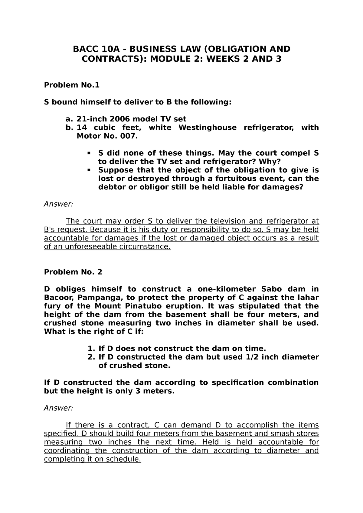 BACC 10A - Business LAW ( Obligation AND Contracts) - Module 2 – WEEK 2 ...