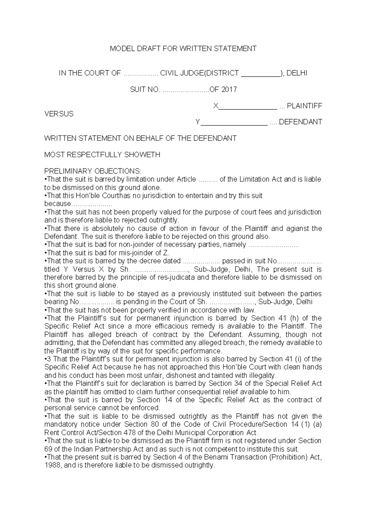 WHAT KEY Points CAN BE USED IN Written Statement - MODEL DRAFT FOR ...
