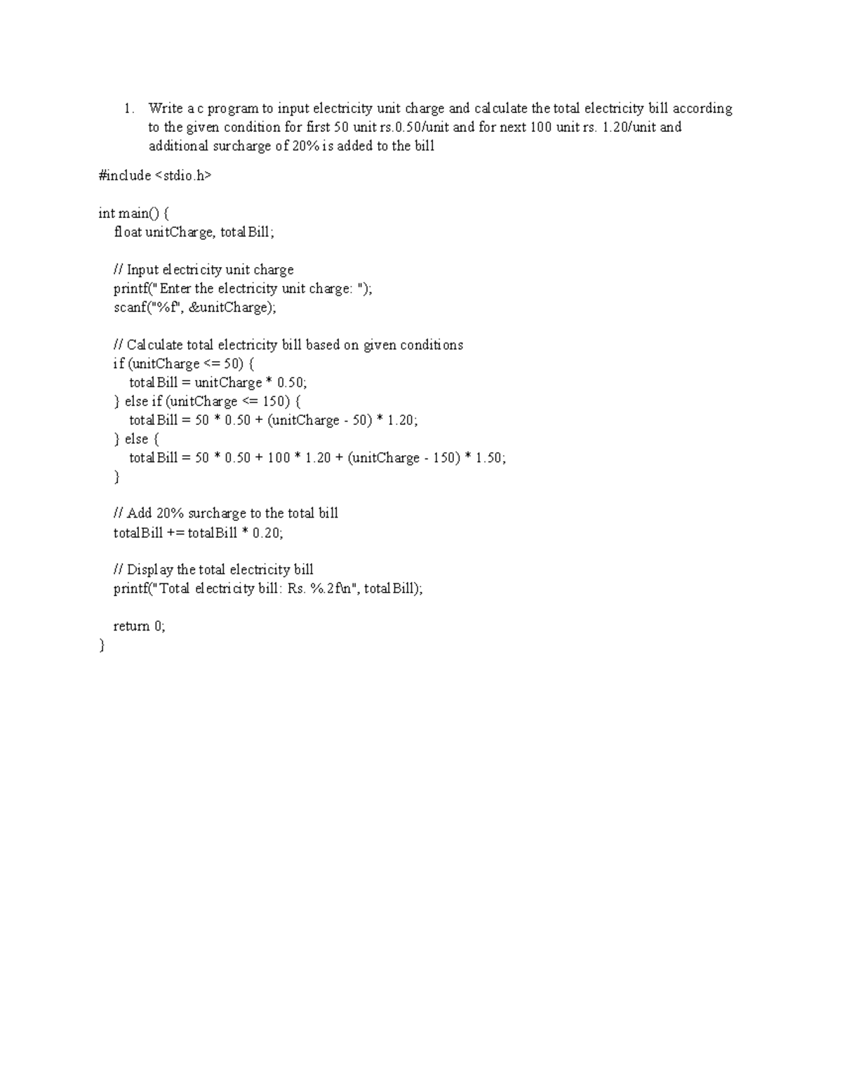 C PROGRAMMING PRACTICAL - Write a c program to input electricity unit ...