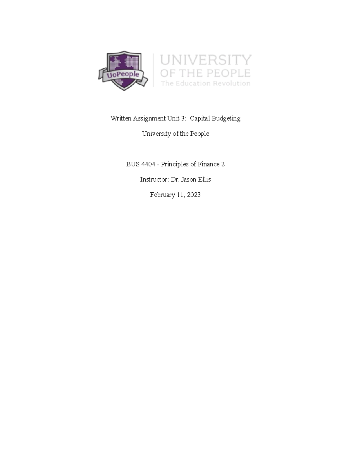 Capital Budgeting written assignment - Written Assignment Unit 3 ...