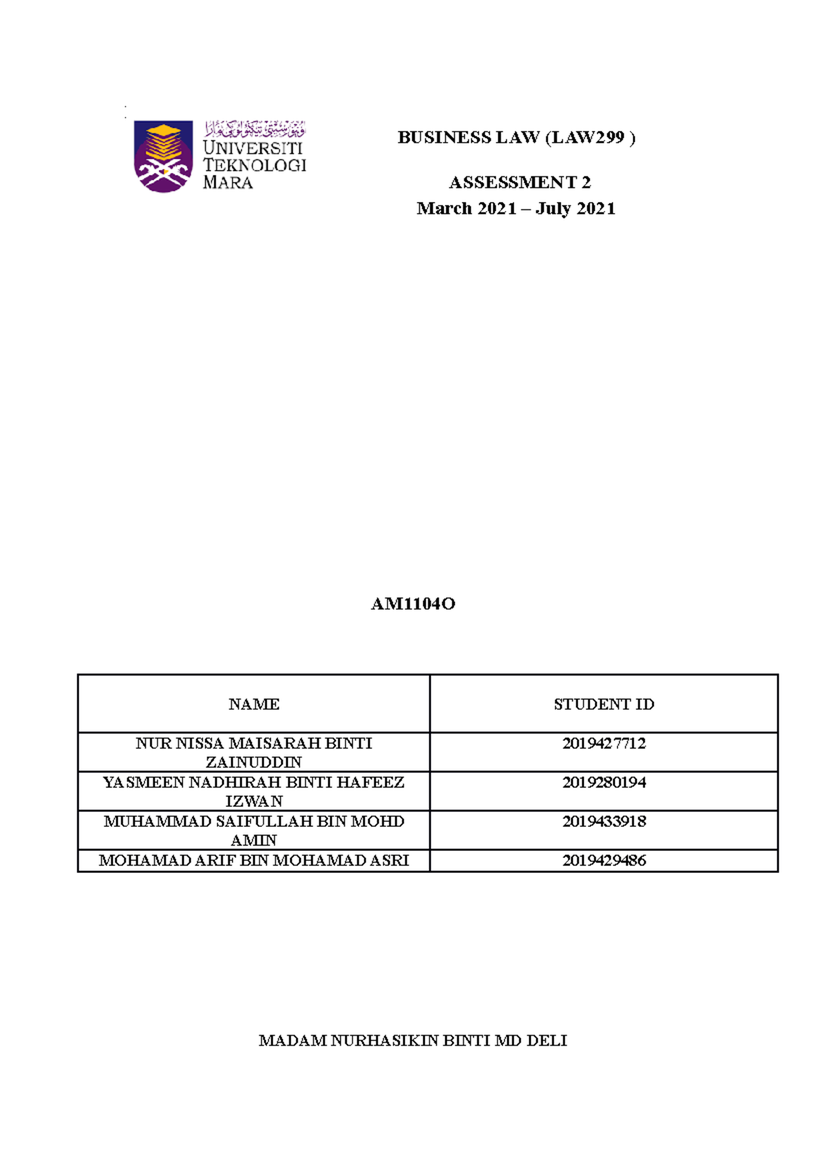 ASS LAW299 ( Assessment 2) - Business Law - UiTM - Studocu