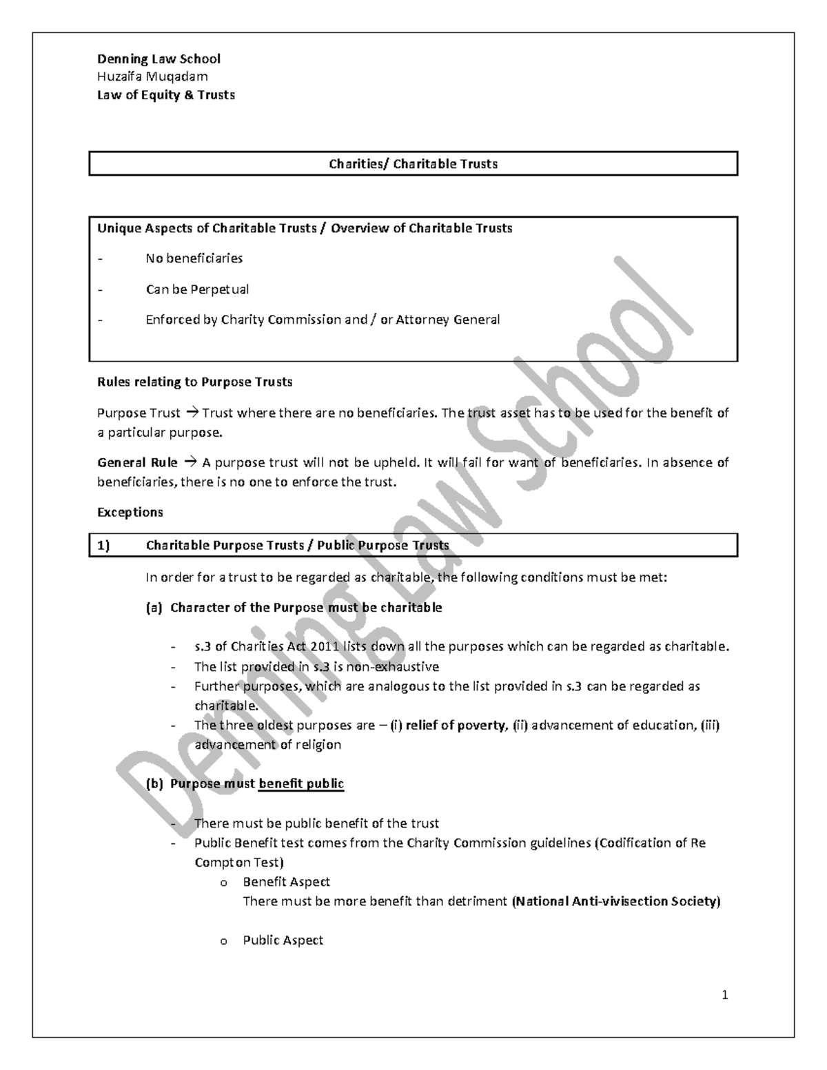 Charities (Short Notes) 2021 Denning Law School Huzaifa Muqadam Law