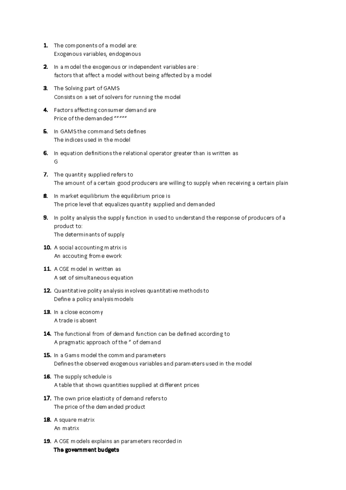 QPAD questions - Domande per esame - The components of a model are ...