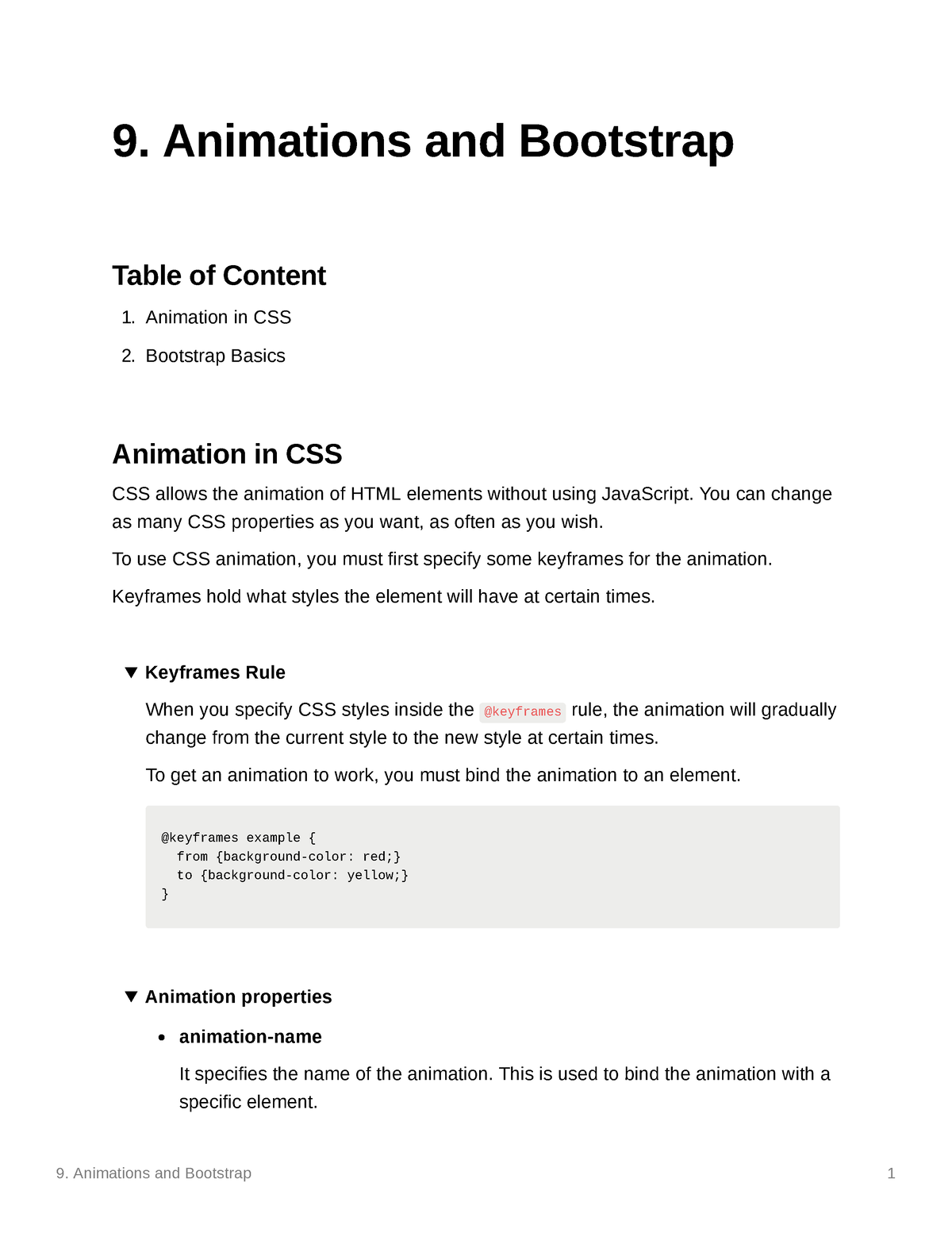 9. animations and bootstrap - 9. Animations and Bootstrap Table of Content  Animation in CSS - Studocu