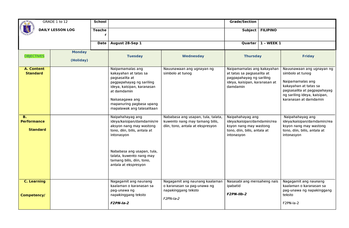 G2 WEEK1 Dll Filipino - GRADE 1 To 12 DAILY LESSON LOG School Grade ...