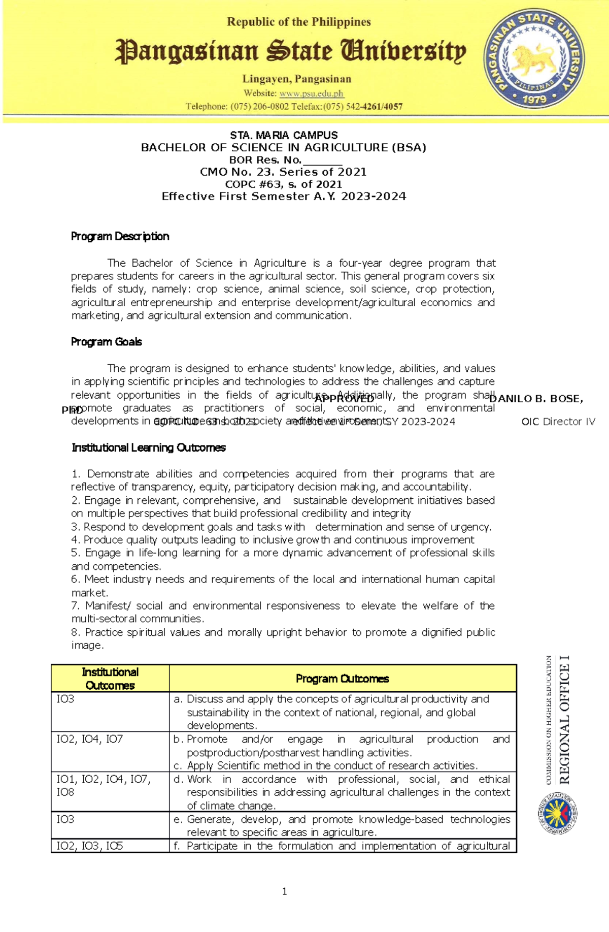 BS Agriculture NEW Curriculum PSUSTA BACHELOR OF SCIENCE IN