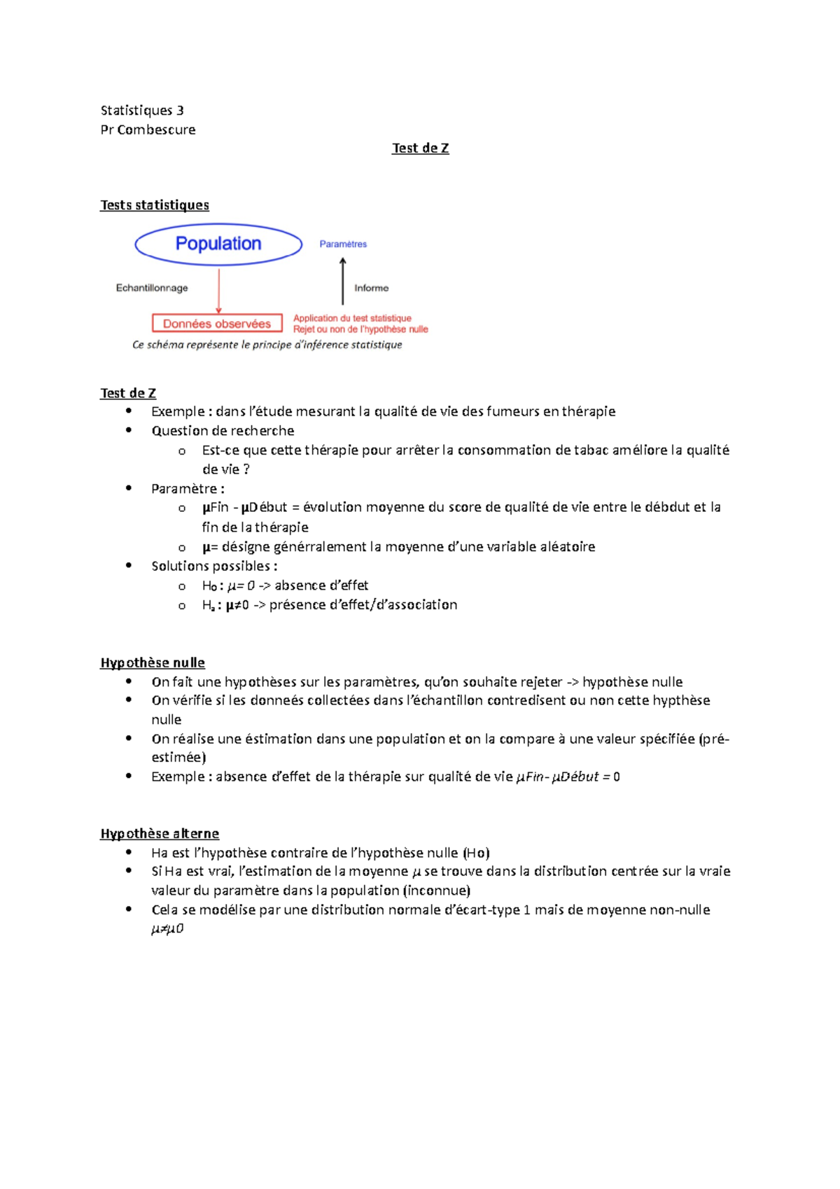 3. test de Z ….. Statistiques 3 Pr Combescure Test de Z Tests