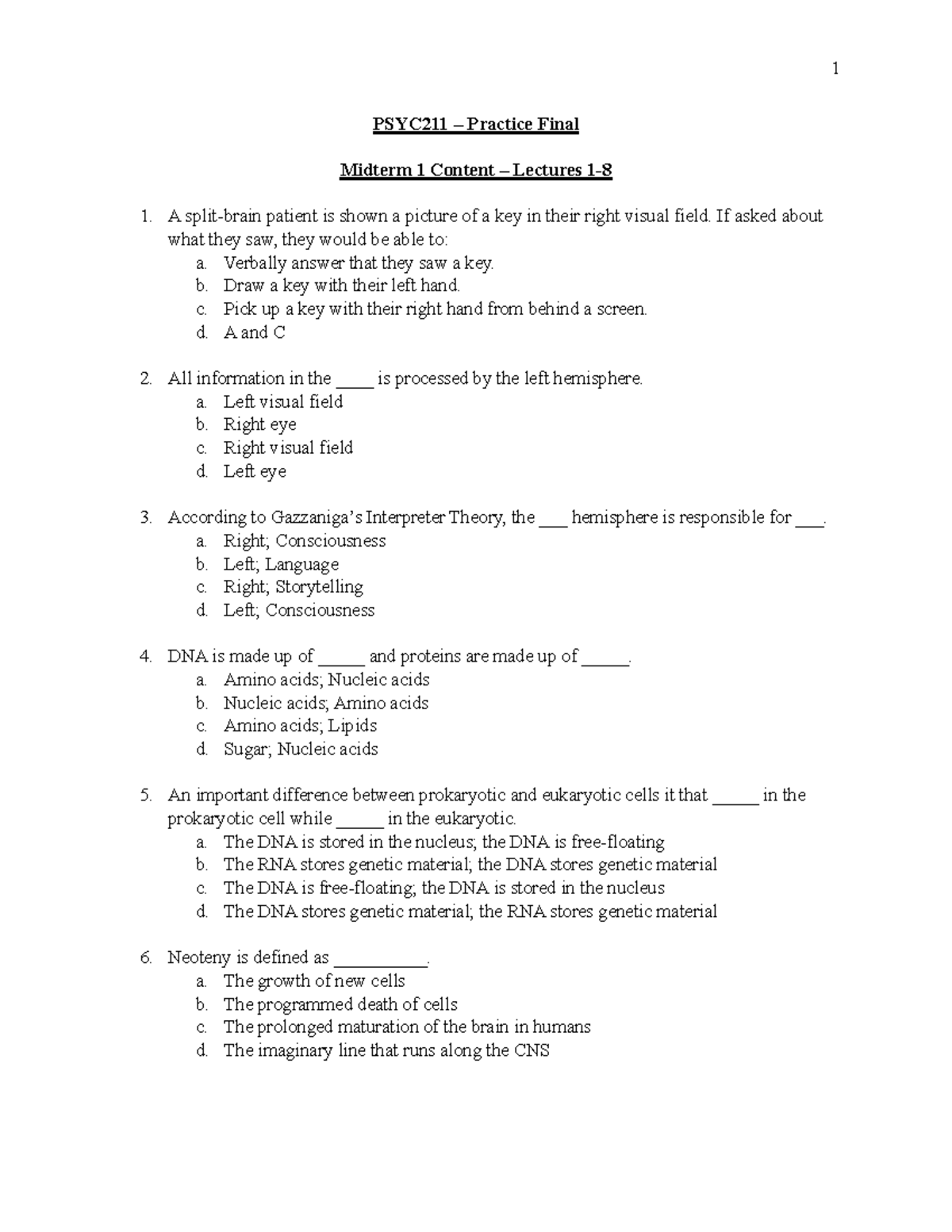 Practice final neuro - PSYC211 – Practice Final Midterm 1 Content ...