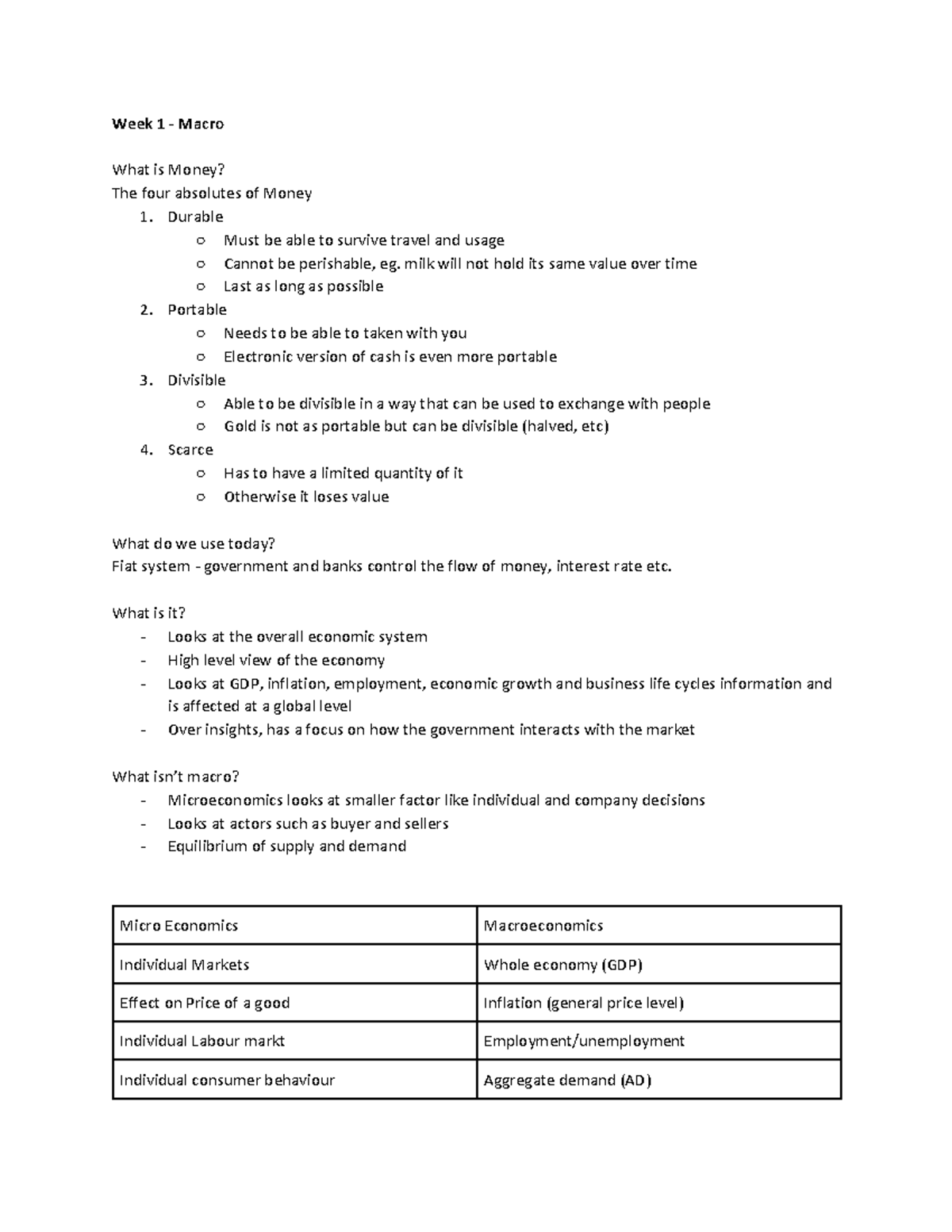 Week 1. Macro - Lecture notes 1 - Week 1 - Macro What is Money? The ...