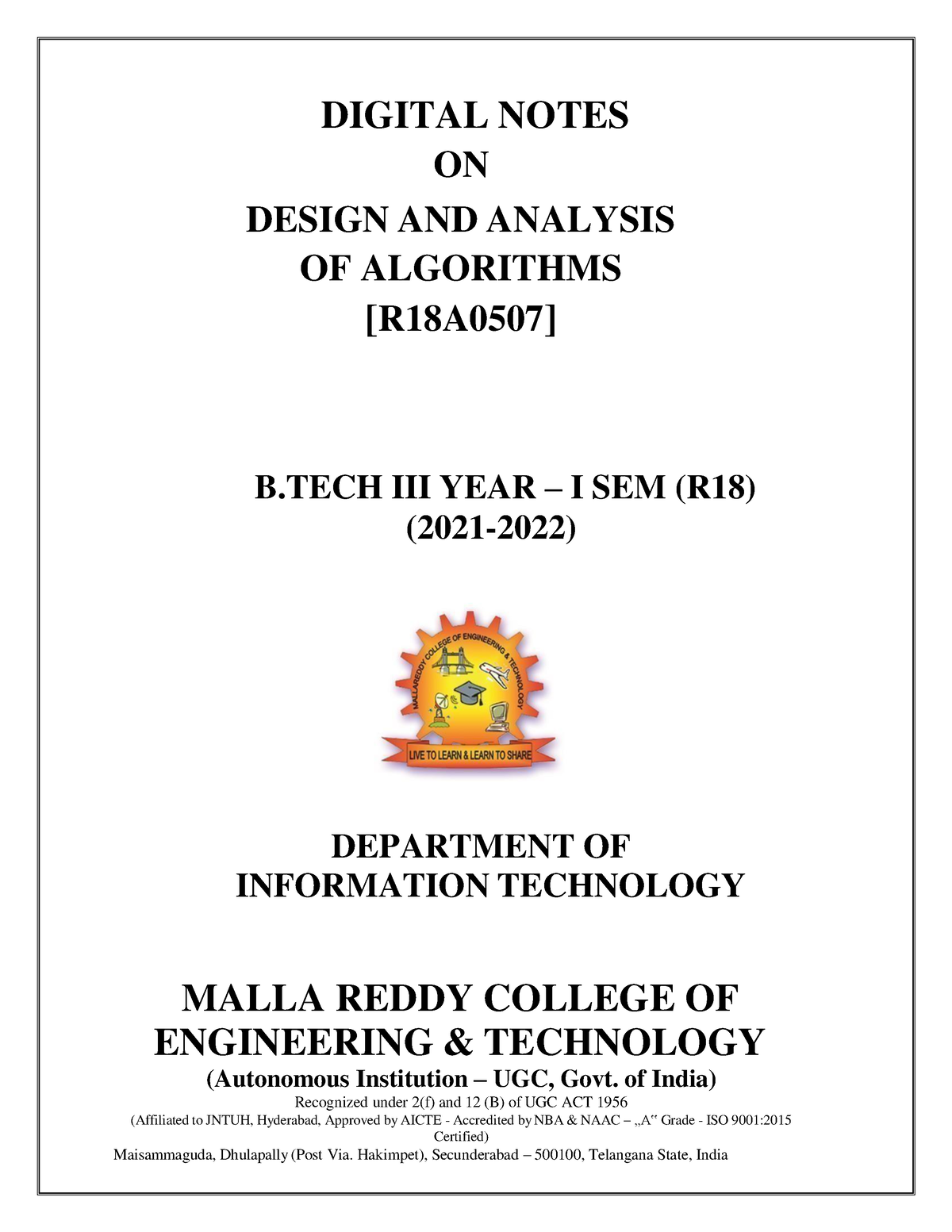 R18a0507design And Analysis Of Algorithms Digital Notes On Design And Analysis Of Algorithms 4471