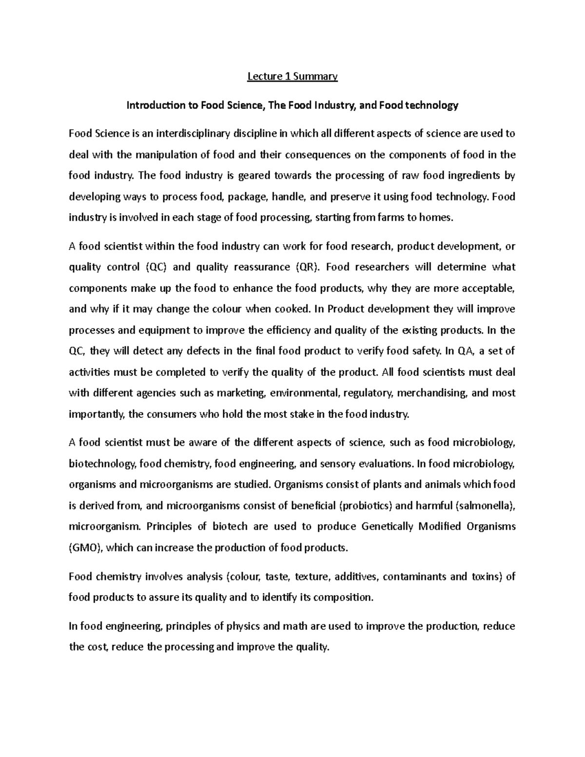 Summary 1 Food Science - Lecture notes 4 - Lecture 1 Summary ...