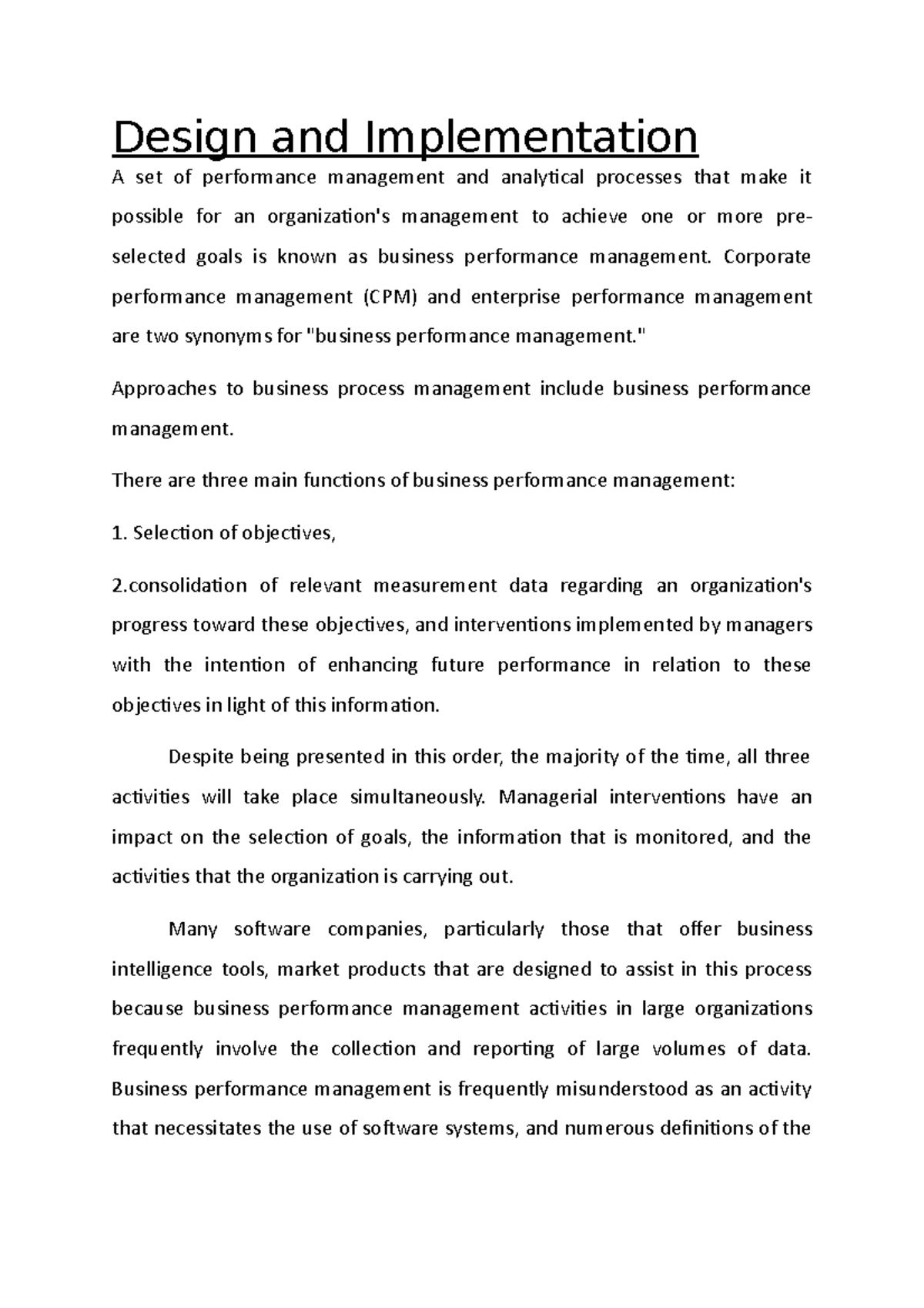 Design and Implementation - Corporate performance management (CPM) and ...