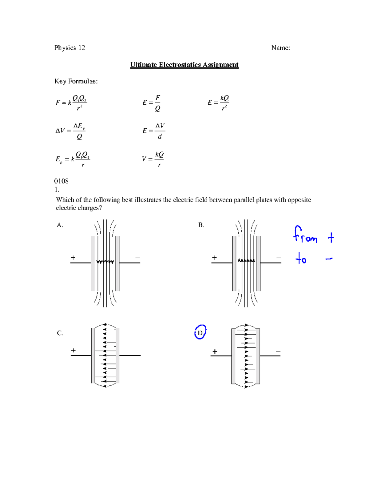 Ultimate Electrostatics Review Answers Physics 12 Name Ultimate