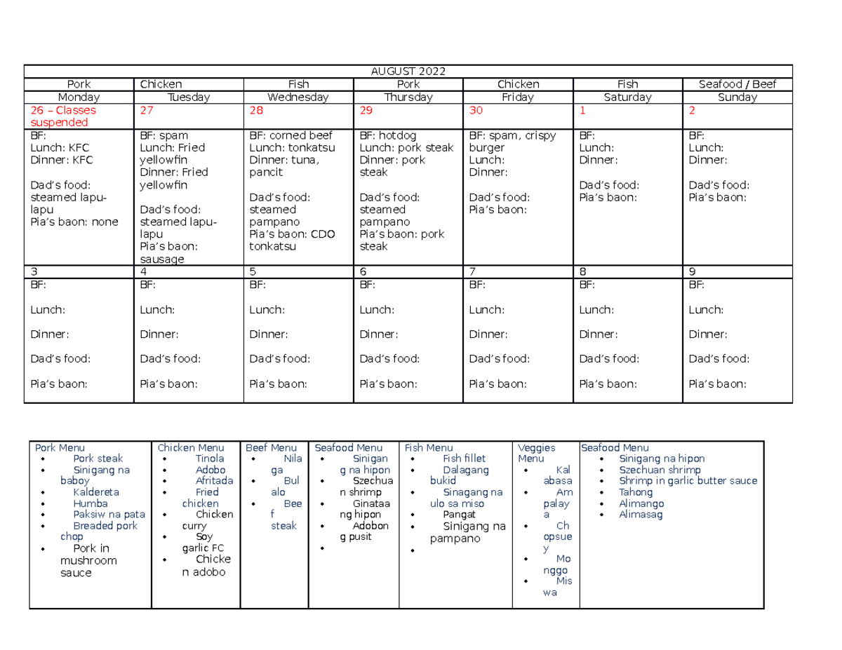 Monthly food calendar - AUGUST 2022 Pork Chicken Fish Pork Chicken Fish ...