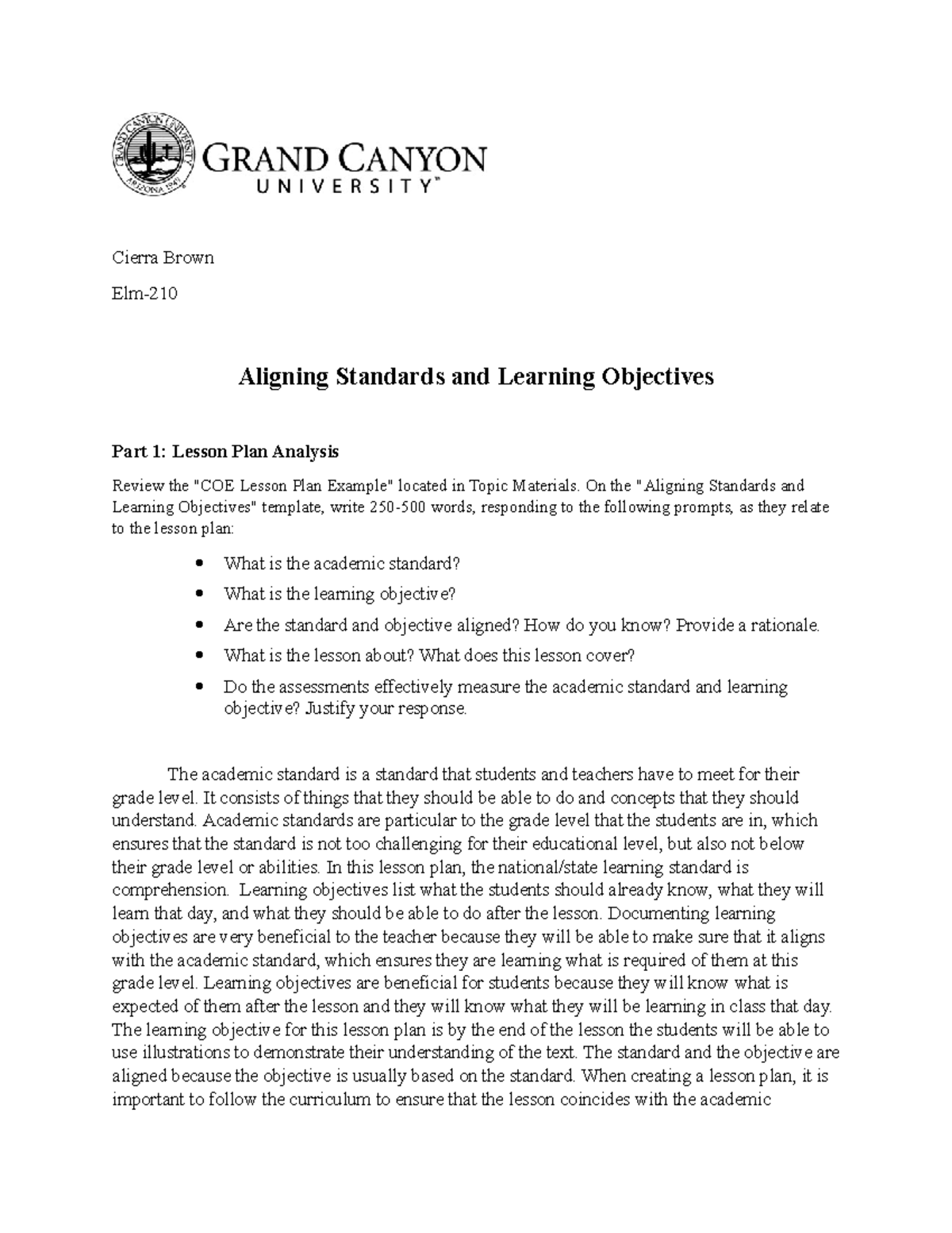 Elm 210 D T2 Aligning Standards And Learning Objectives Cierra Brown