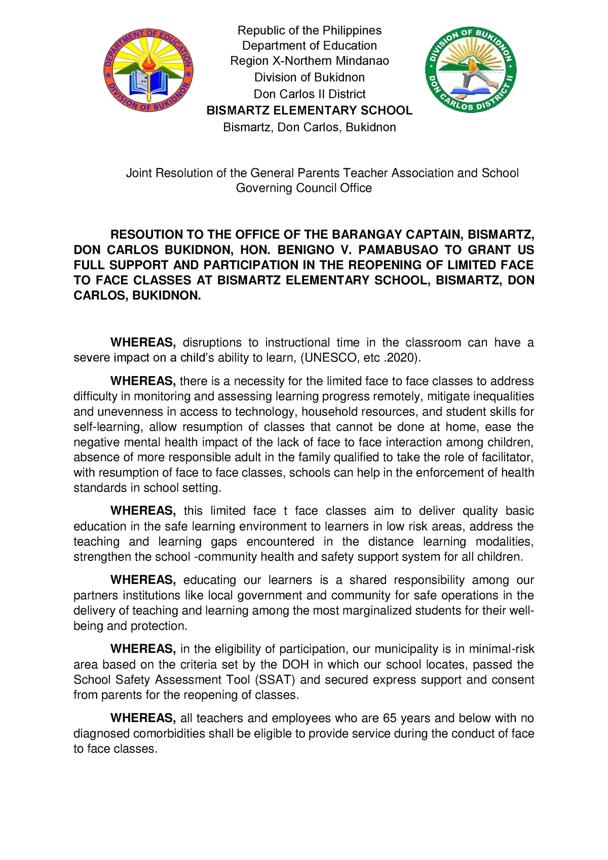 Joint Resolution of the General Parents Teacher Association and School