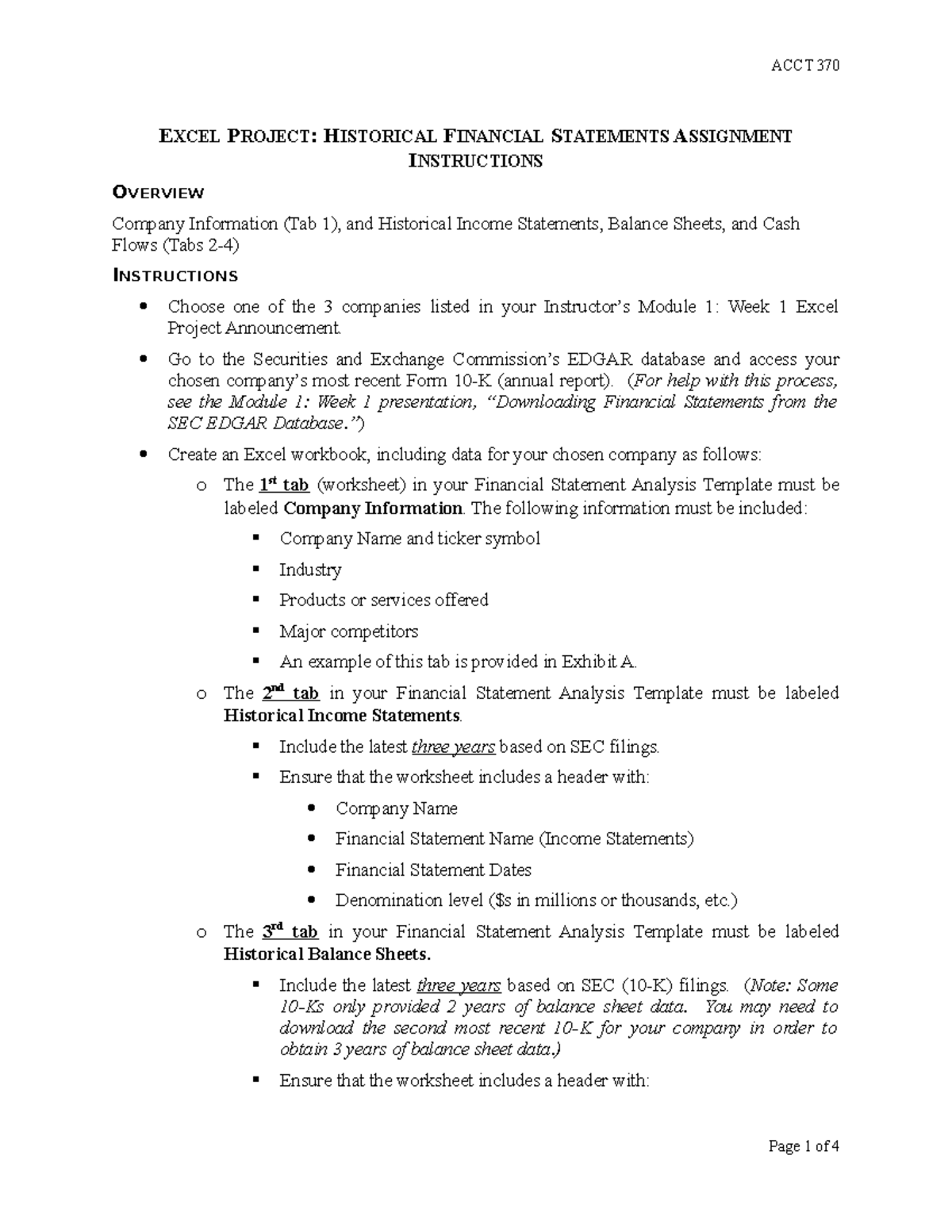 Excel Project Historical Financial Statements Assignment Instructions 