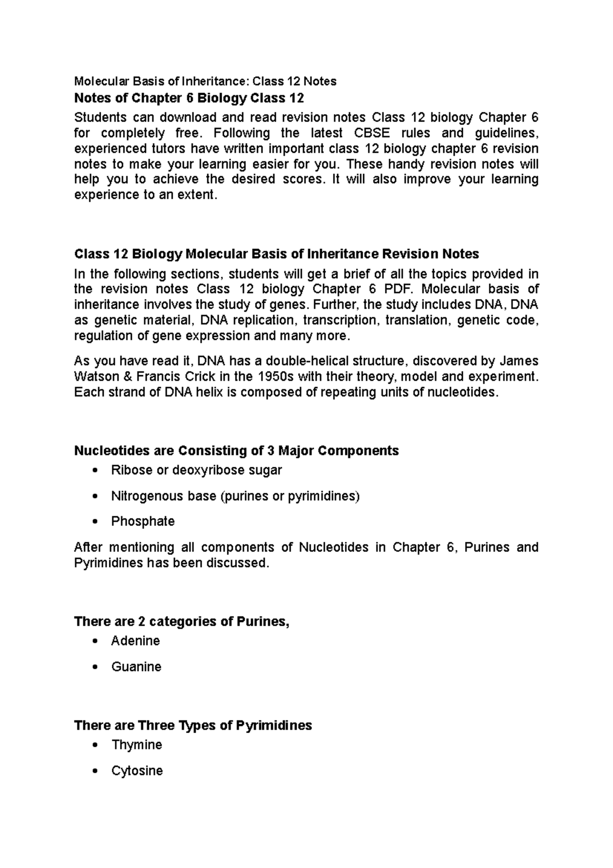 Class 12 biology chapter 6 revision note - Molecular Basis of ...