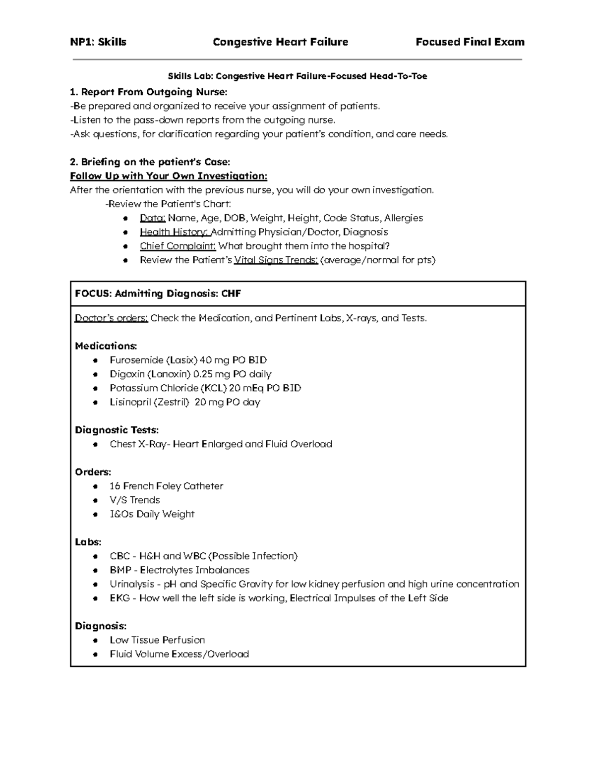 Chf H2T skills assessment - Skills Lab: Congestive Heart Failure ...